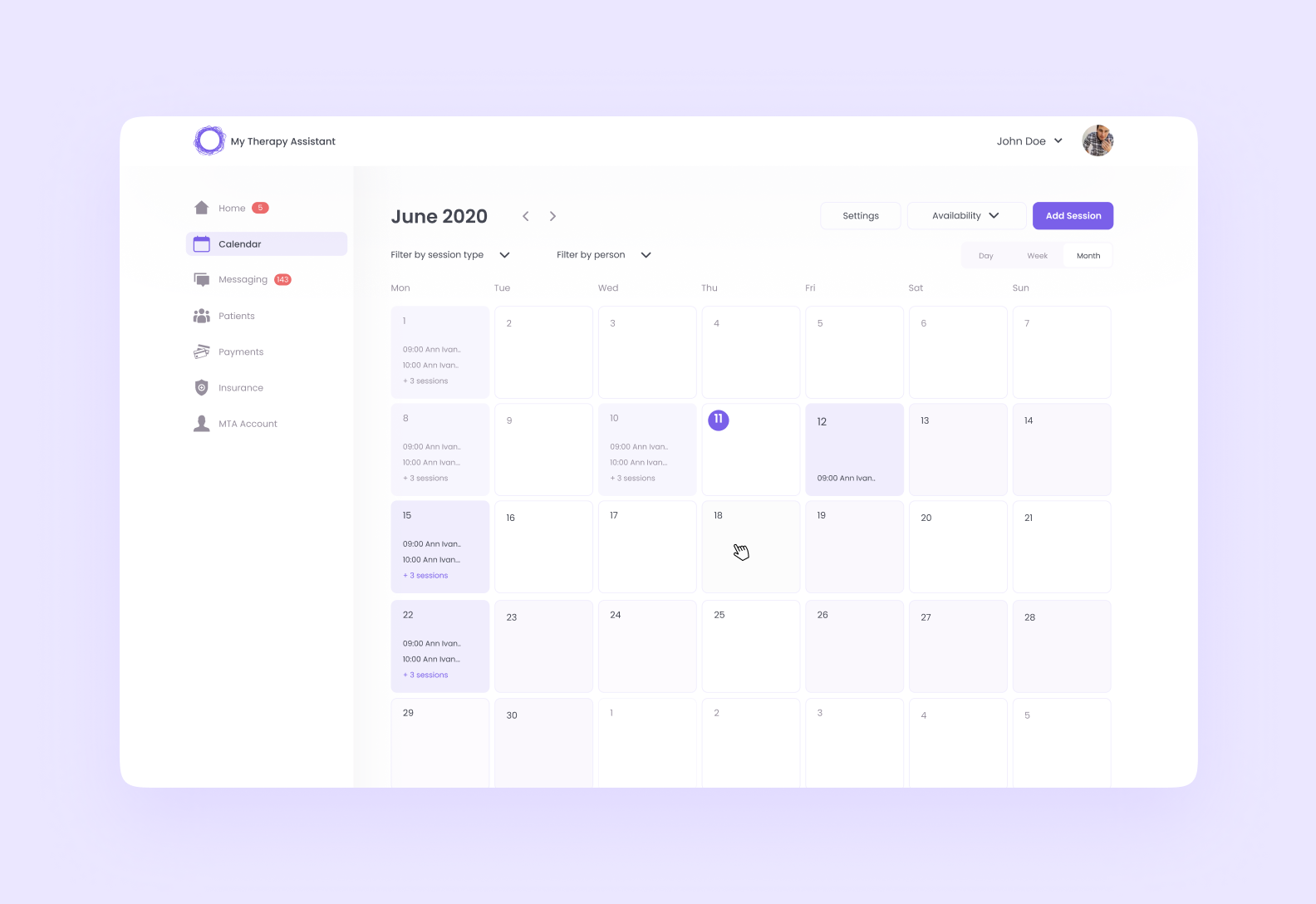 Therapy web application calendar interface