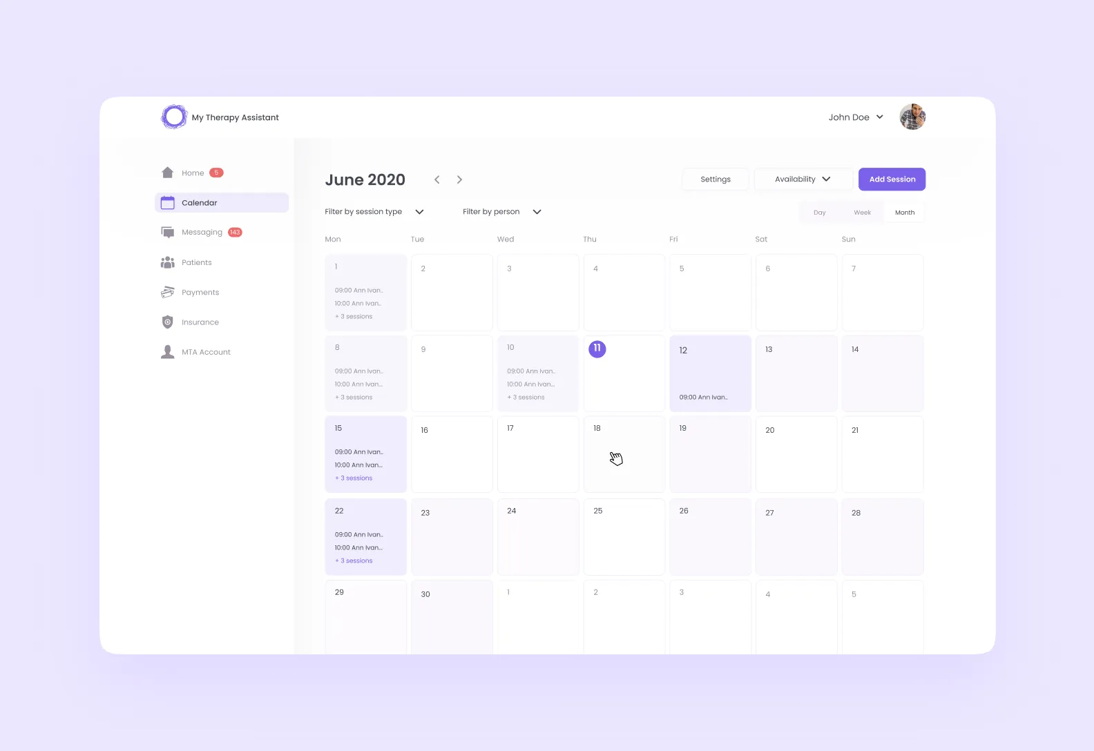 Therapy web application calendar interface