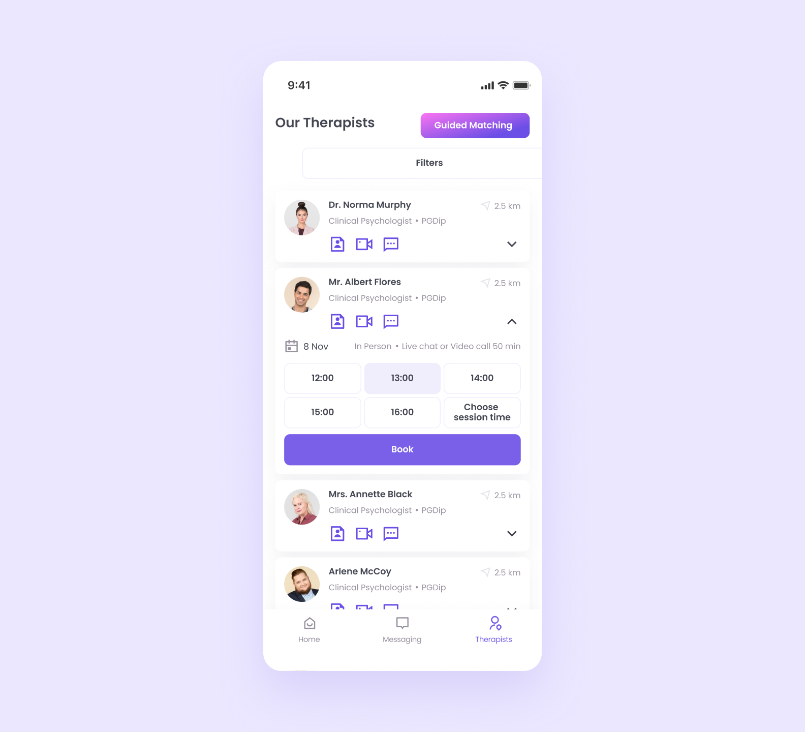 Mental health application guided matching filter feature