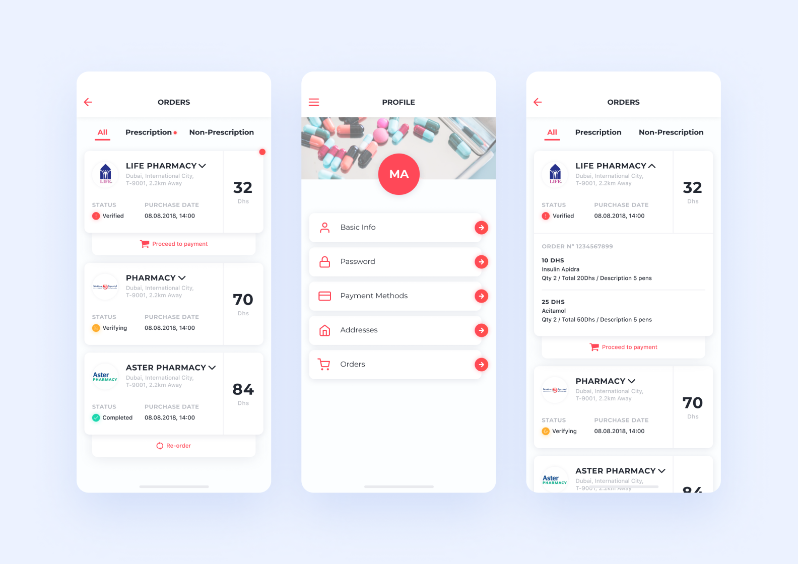 Personal profile interface in a medication delivery app
