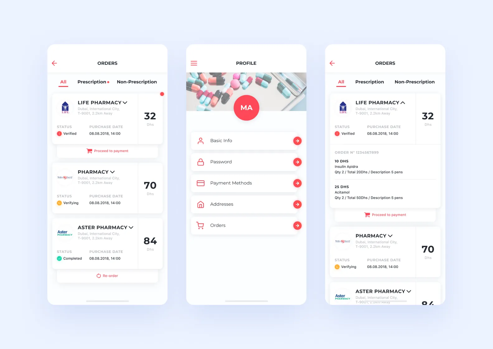 Personal profile interface in a medication delivery app