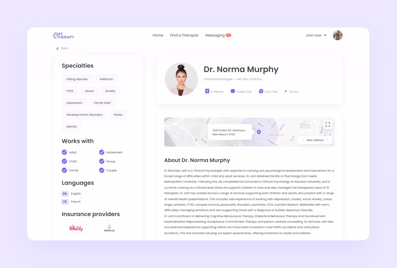 Therapist personal profile in mental health application