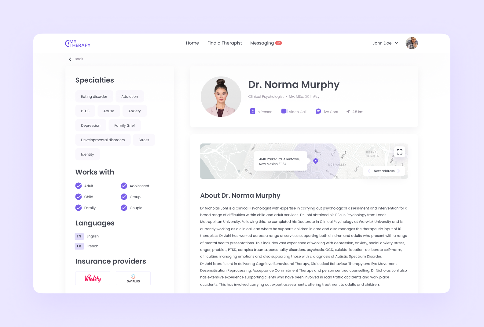 Therapist personal profile in mental health application
