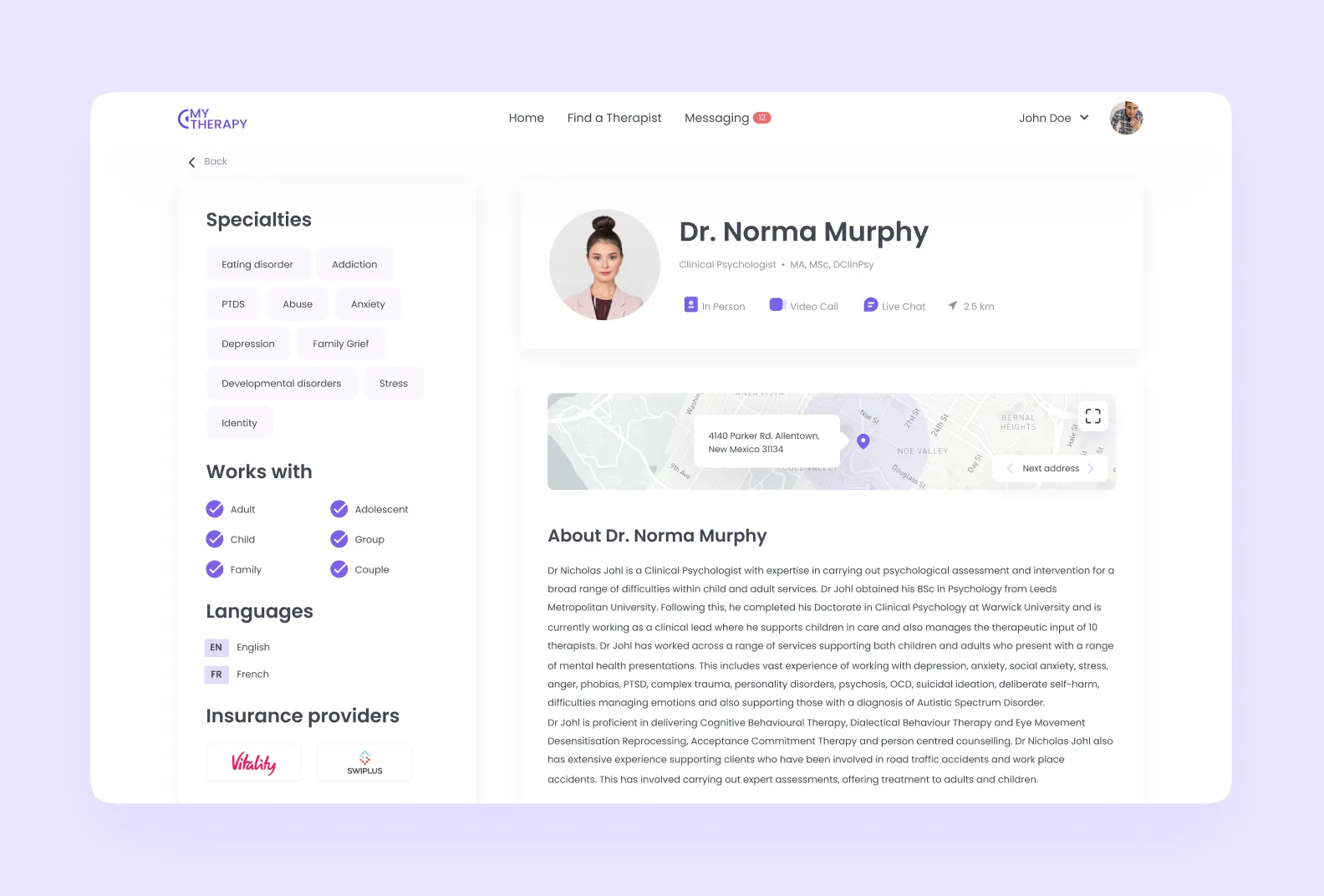 Therapist personal profile in mental health application