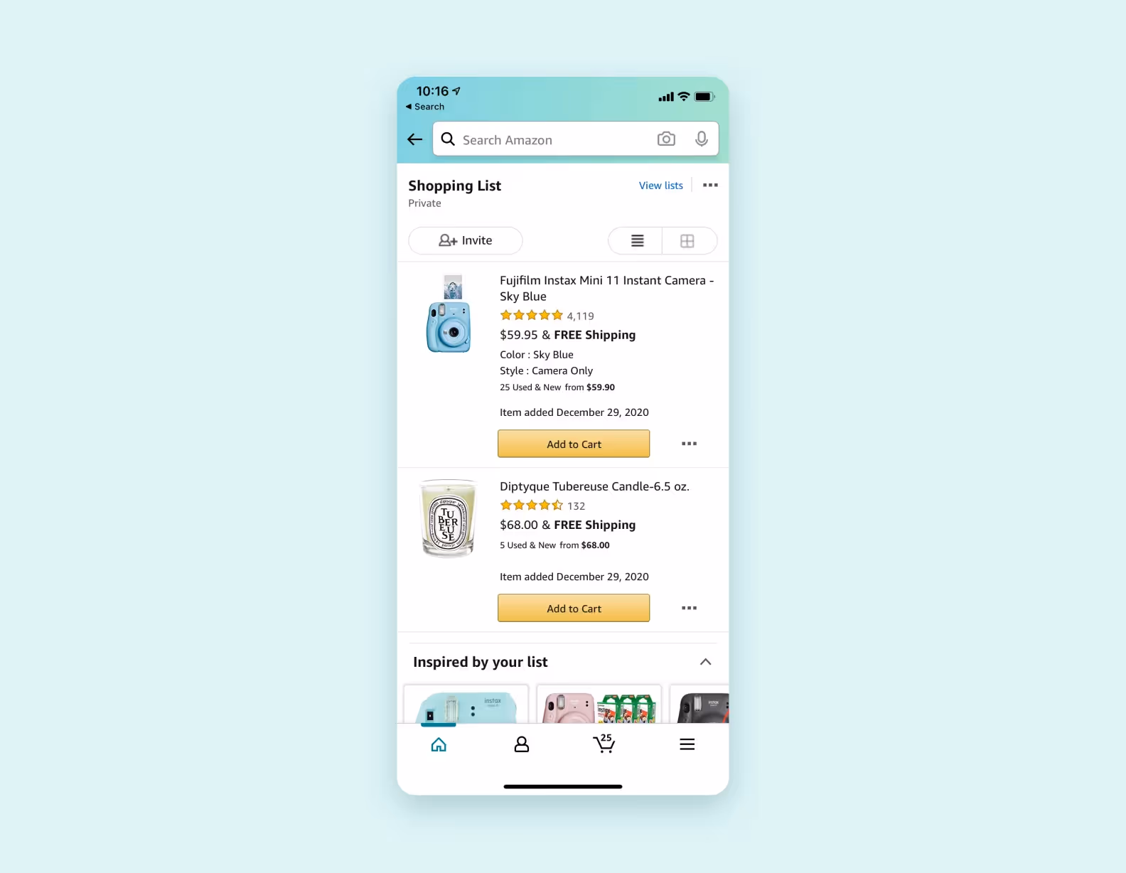 Shopping list page on Amazon