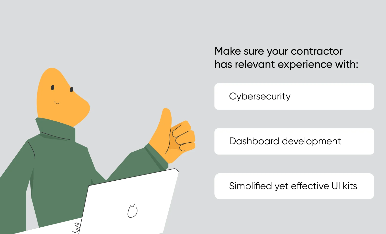 A scheme demonstrating the relevant experience for a contractor: cybersecurity, dashboard development, UI kits.