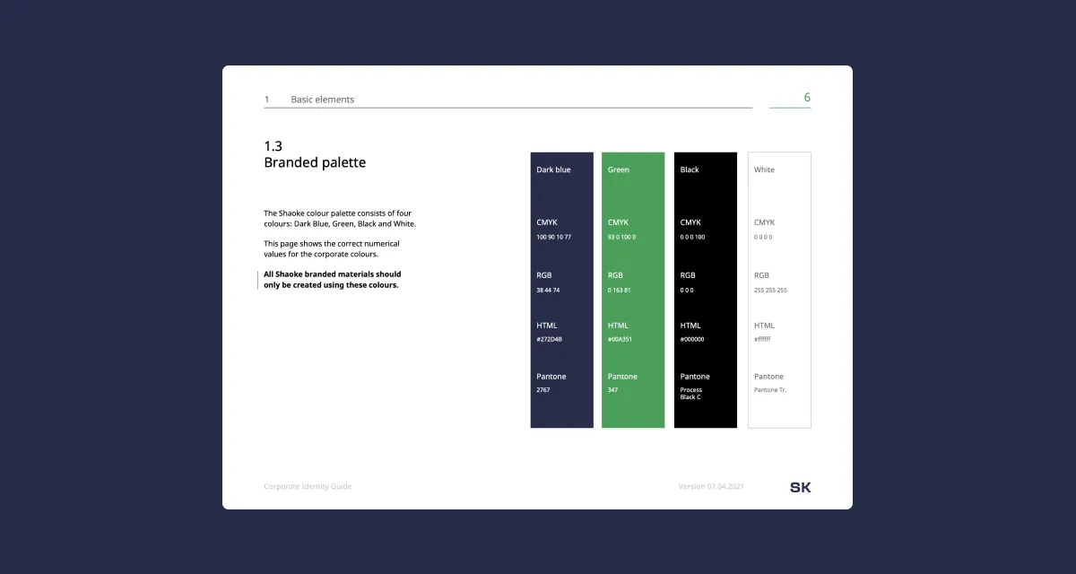 Страница брендбука с фирменными цветами компании