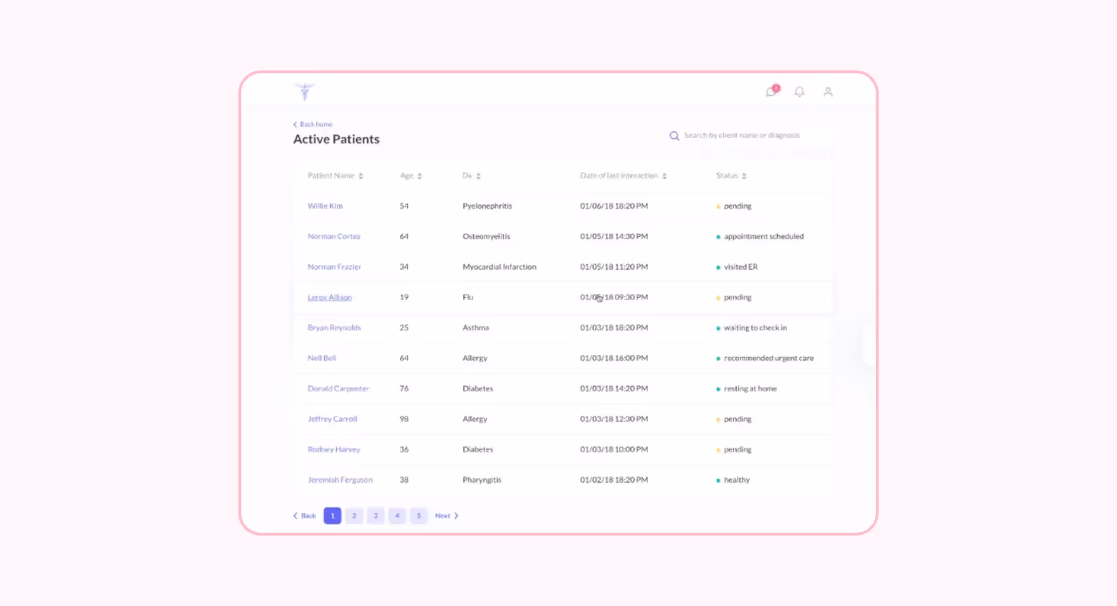 Страница базы данных пациентов в приложении Lytic Health