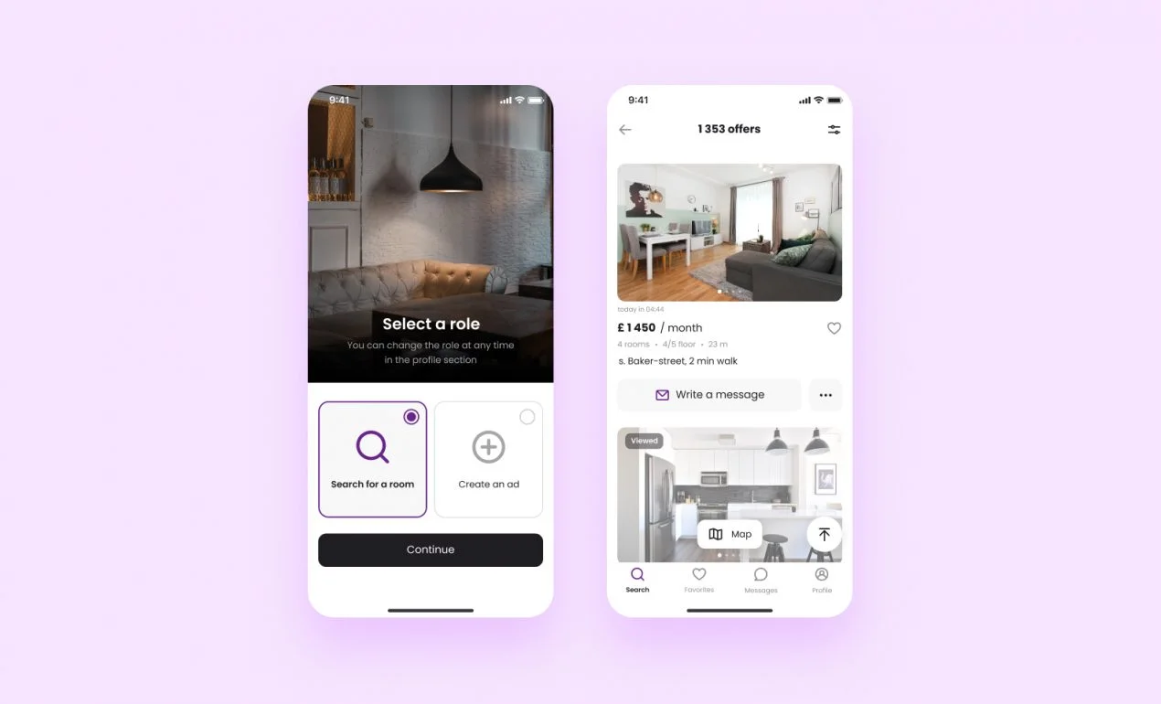 Tenant — search, favorites, chats and profile.