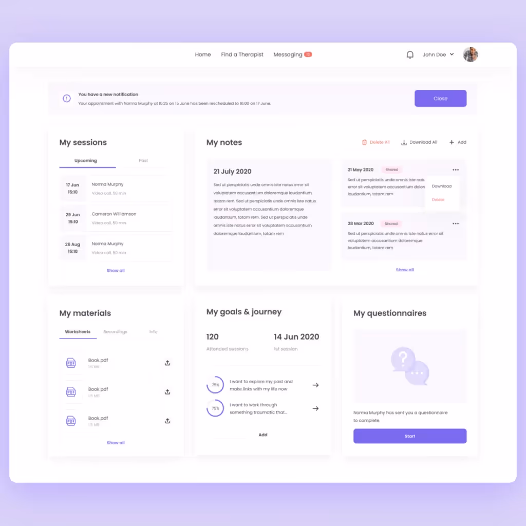 Six screens for an online therapy app developed by Purrweb