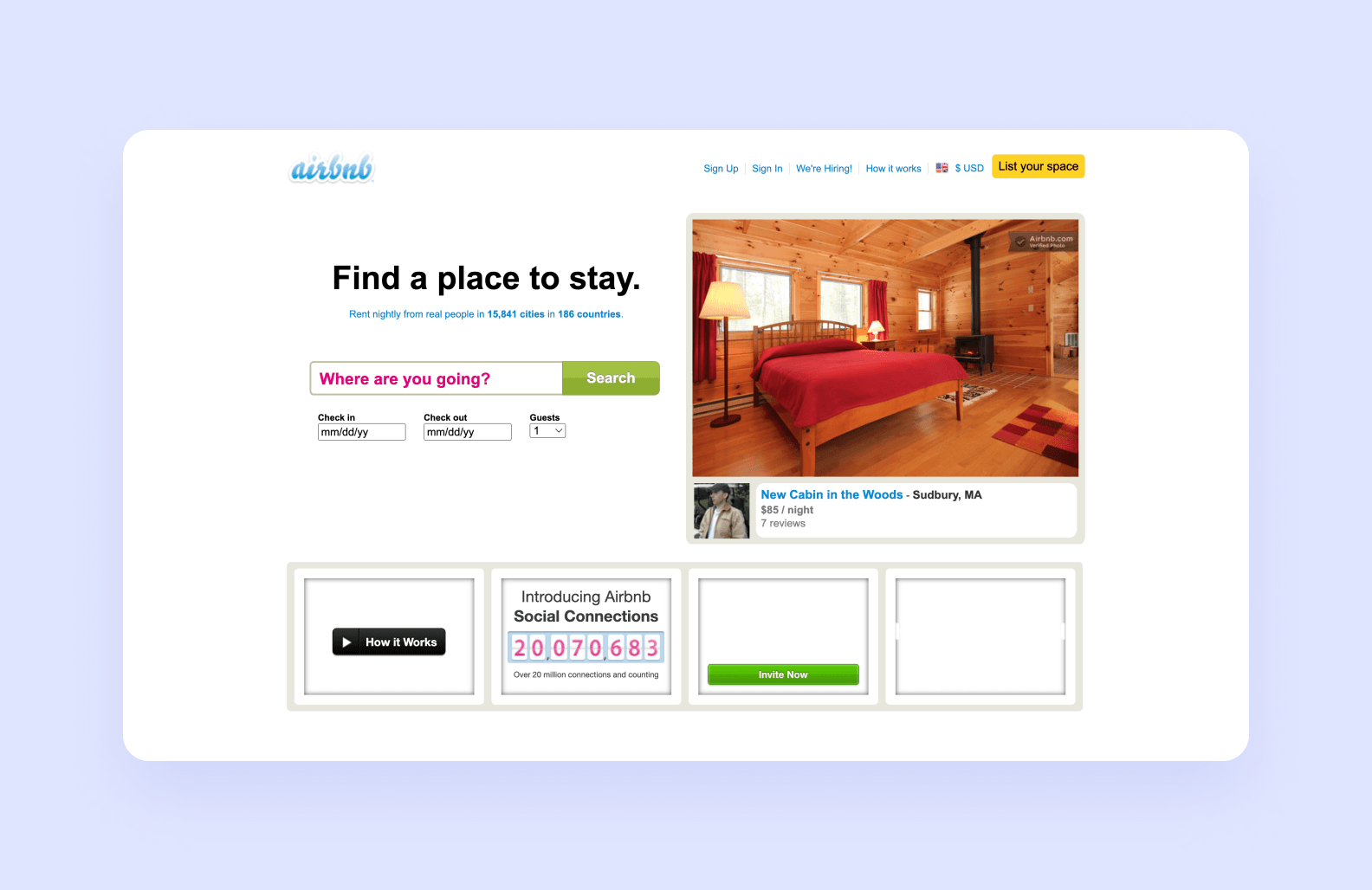 homepage of airbnb.com circa 2011