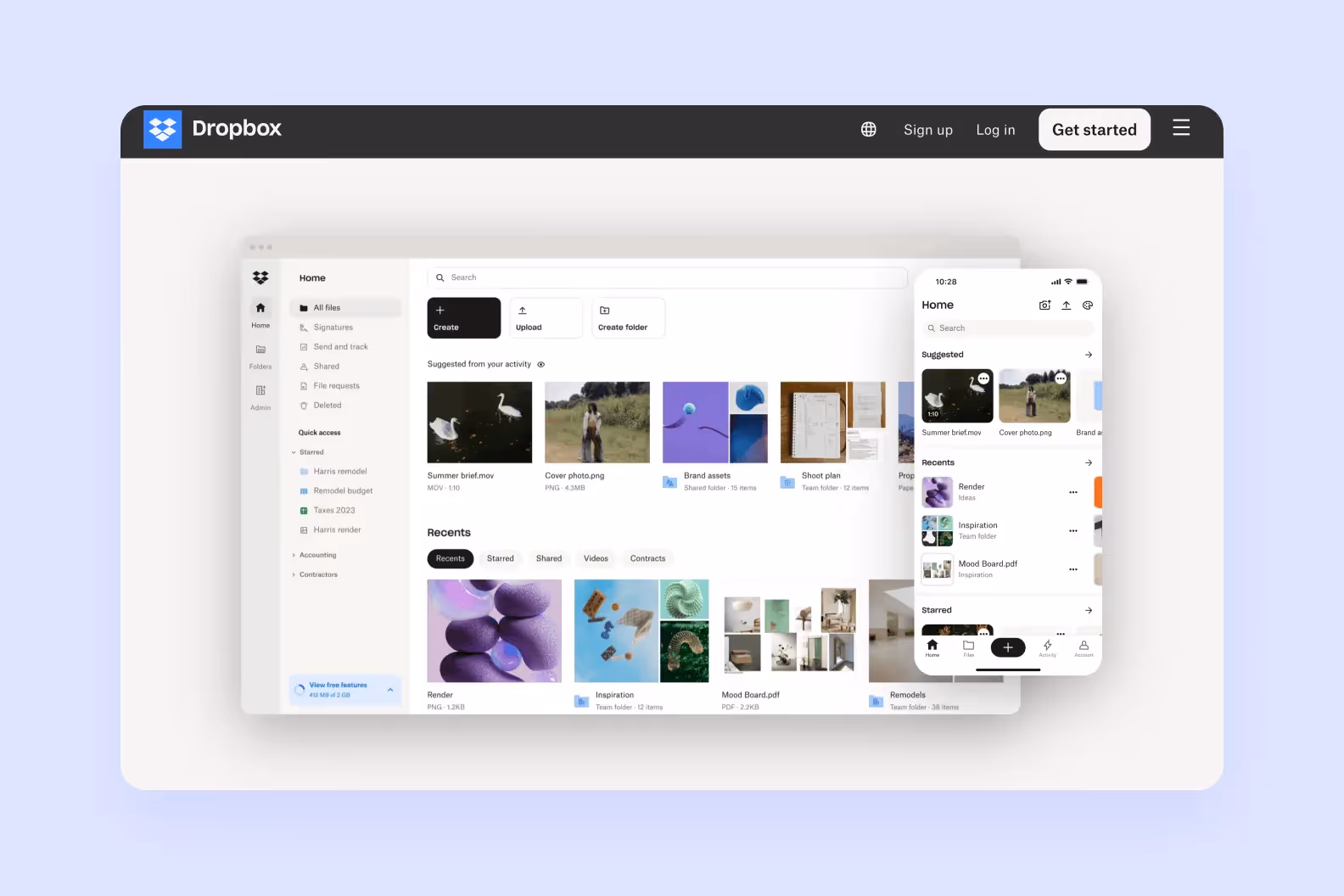 homepage of dropbox.com showcasing the Dropbox cloud platform
