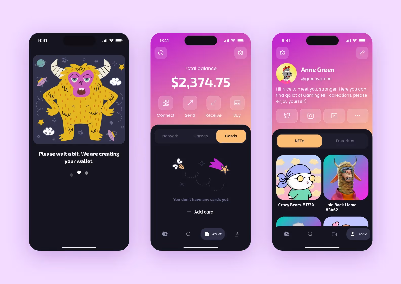 Mobile screens of Kaiju: registration, main screen, profile