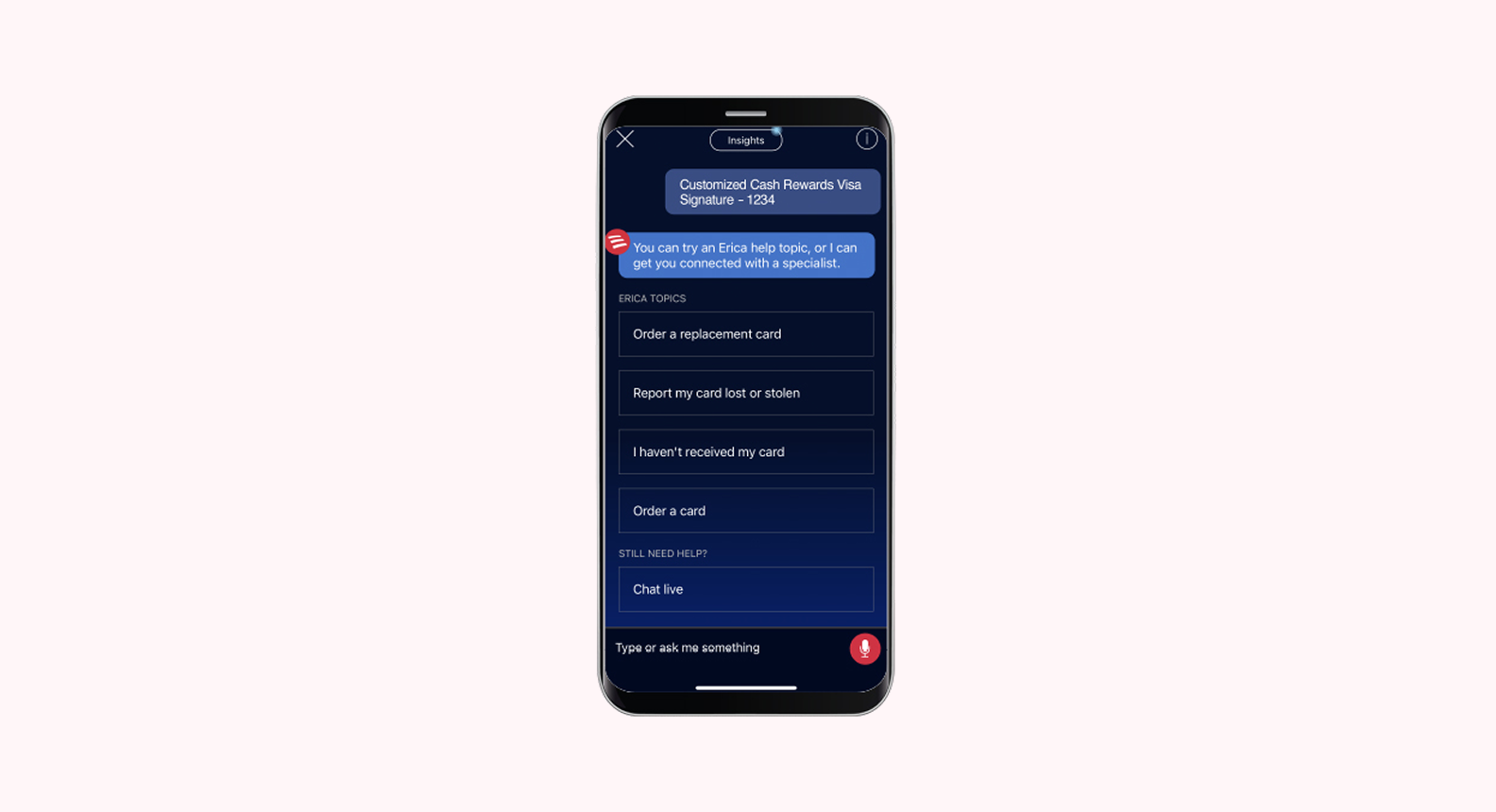 Bank of America live chat with digital assistant Erica