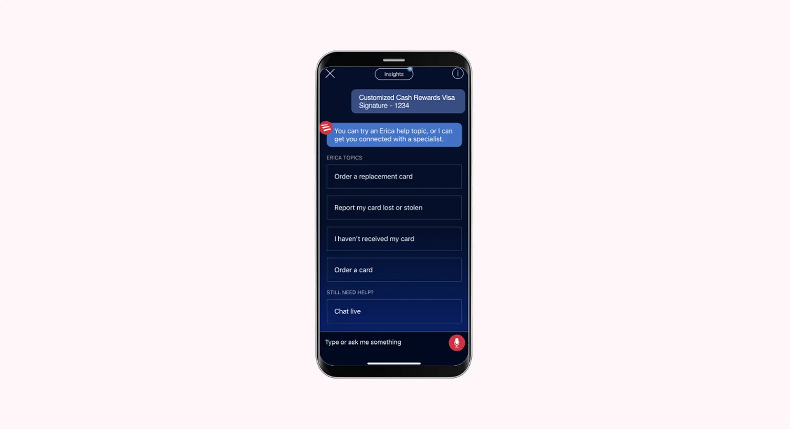 Bank of America live chat with digital assistant Erica