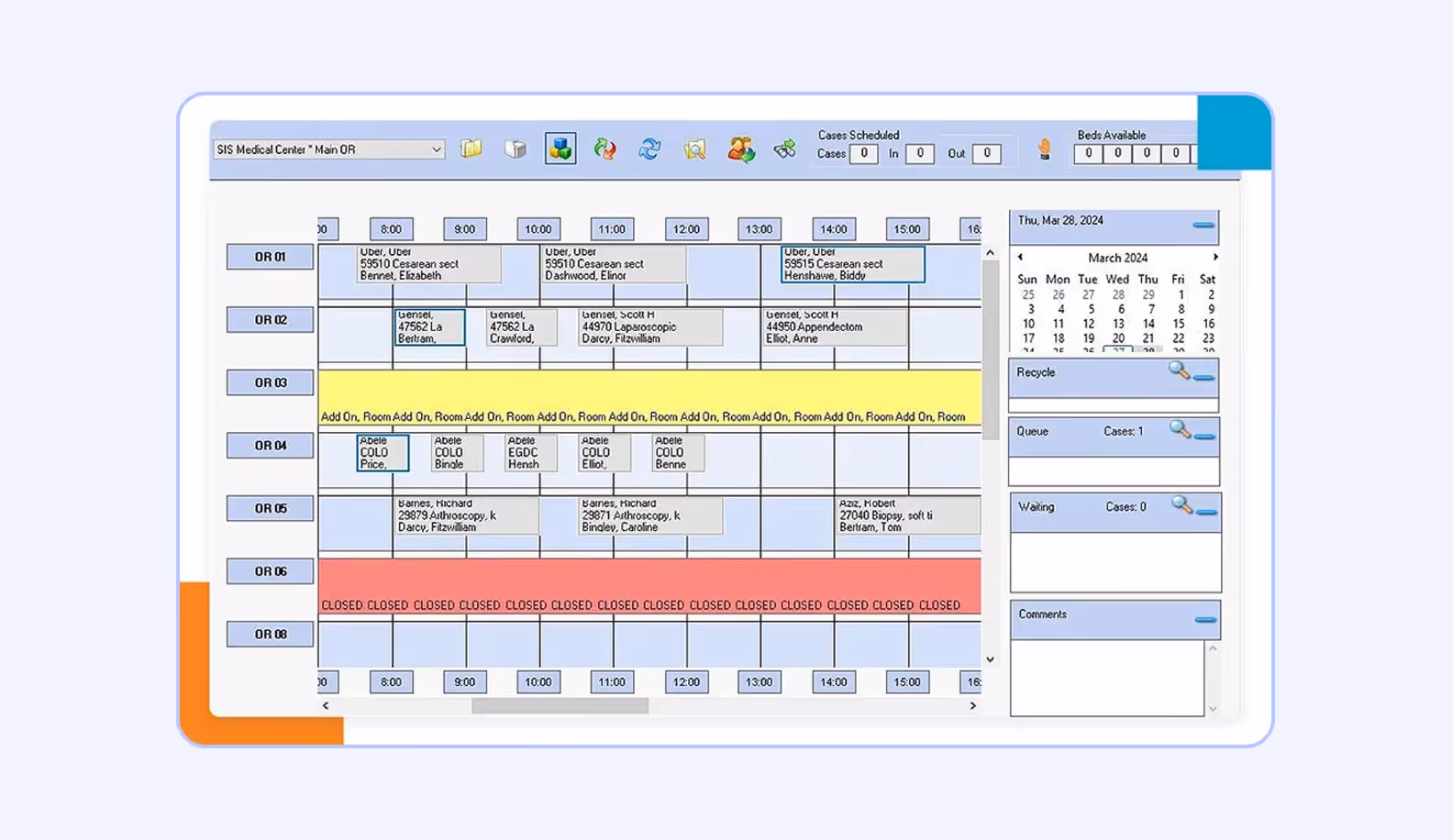 Hospital software for scheduling operating rooms
