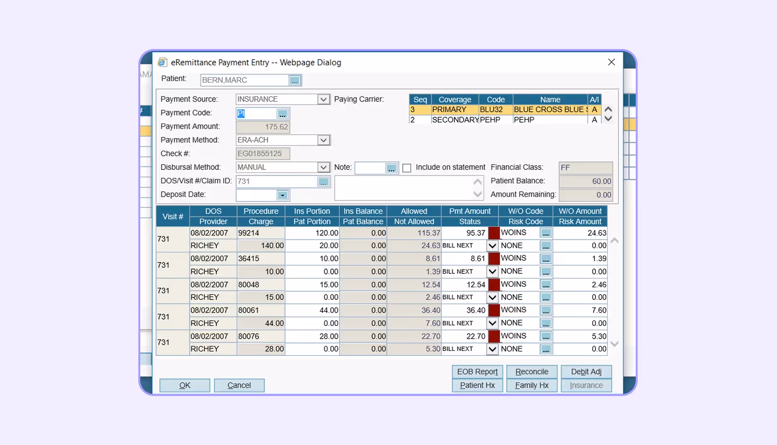 A payment entry for a medical ERP software