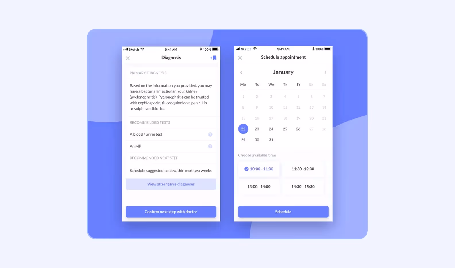 A dashboard of a web medical app