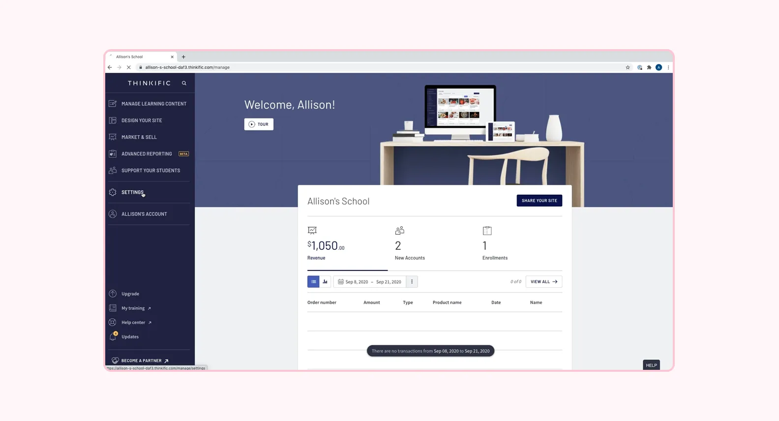 Screenshot of Thinkific LMS interface