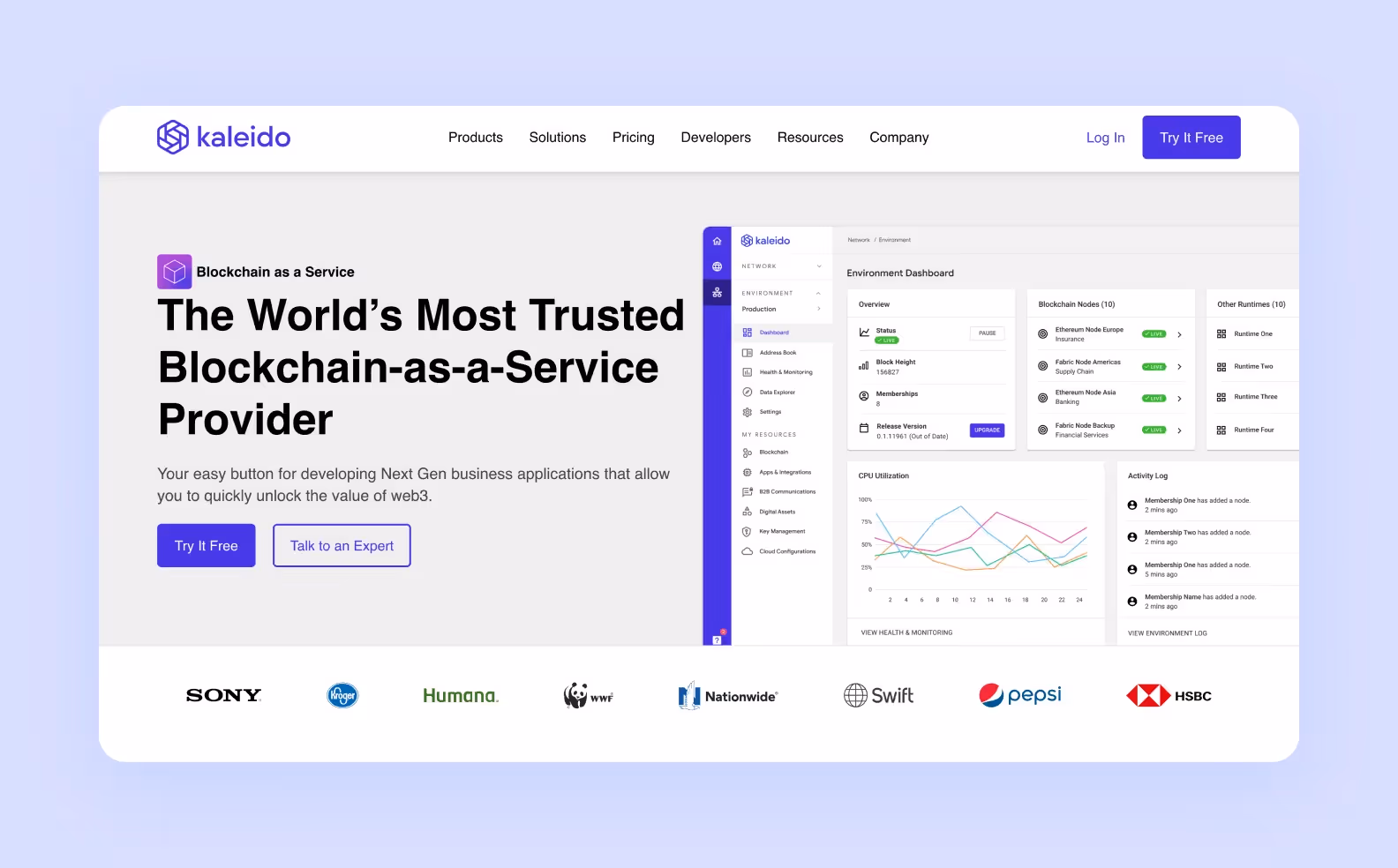 page on kaleido.io advertising Kaleido’s capabilities as a blockchain-as-a-service provider
