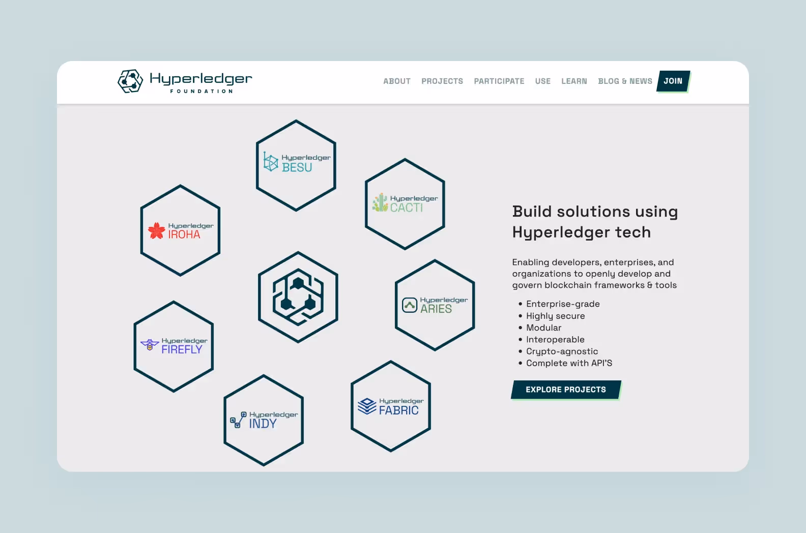 page on hyperledger.org describing the benefits of the Hyperledger product suite