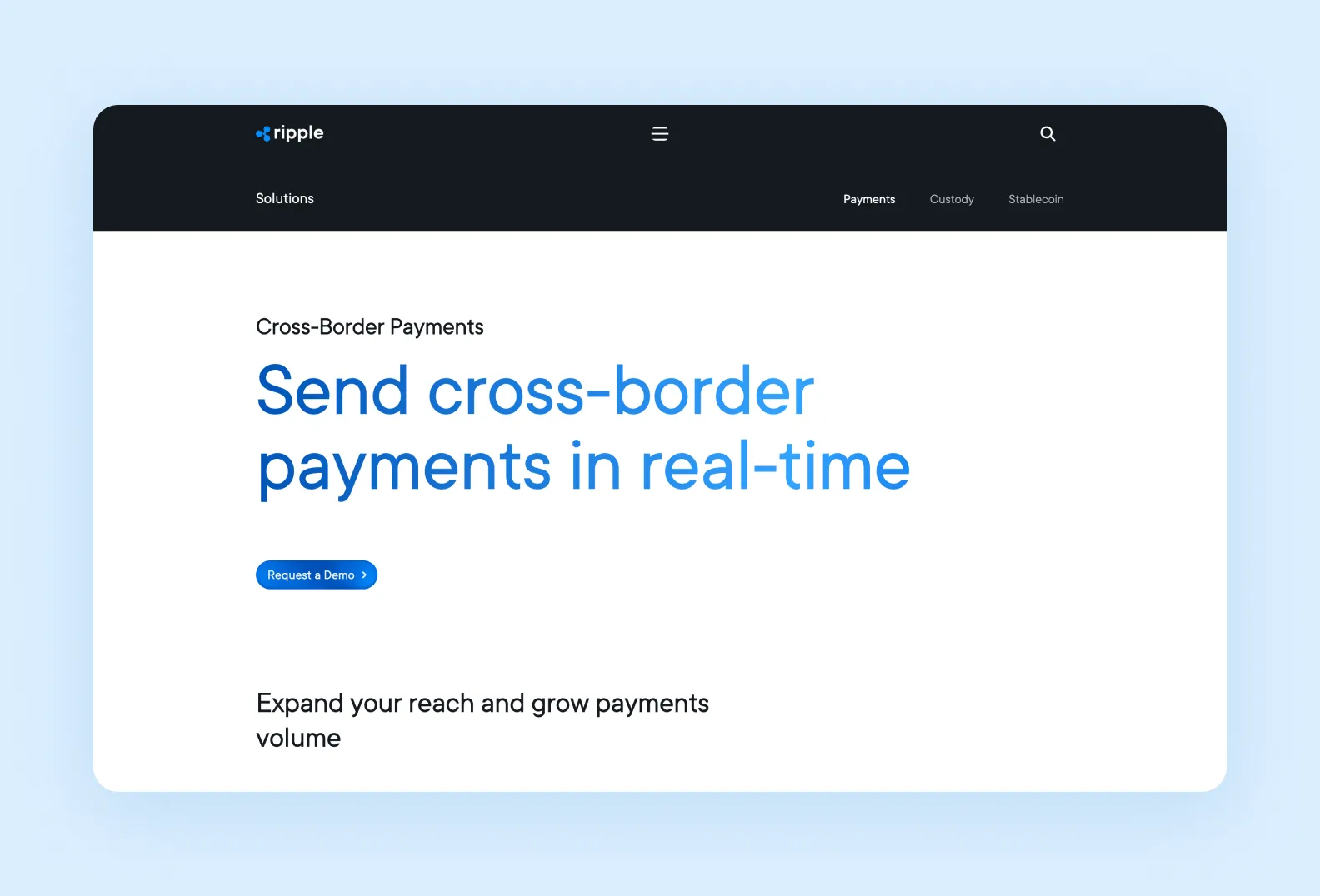 page on ripple.com advertising Ripple’s cross-border payment feature for businesses