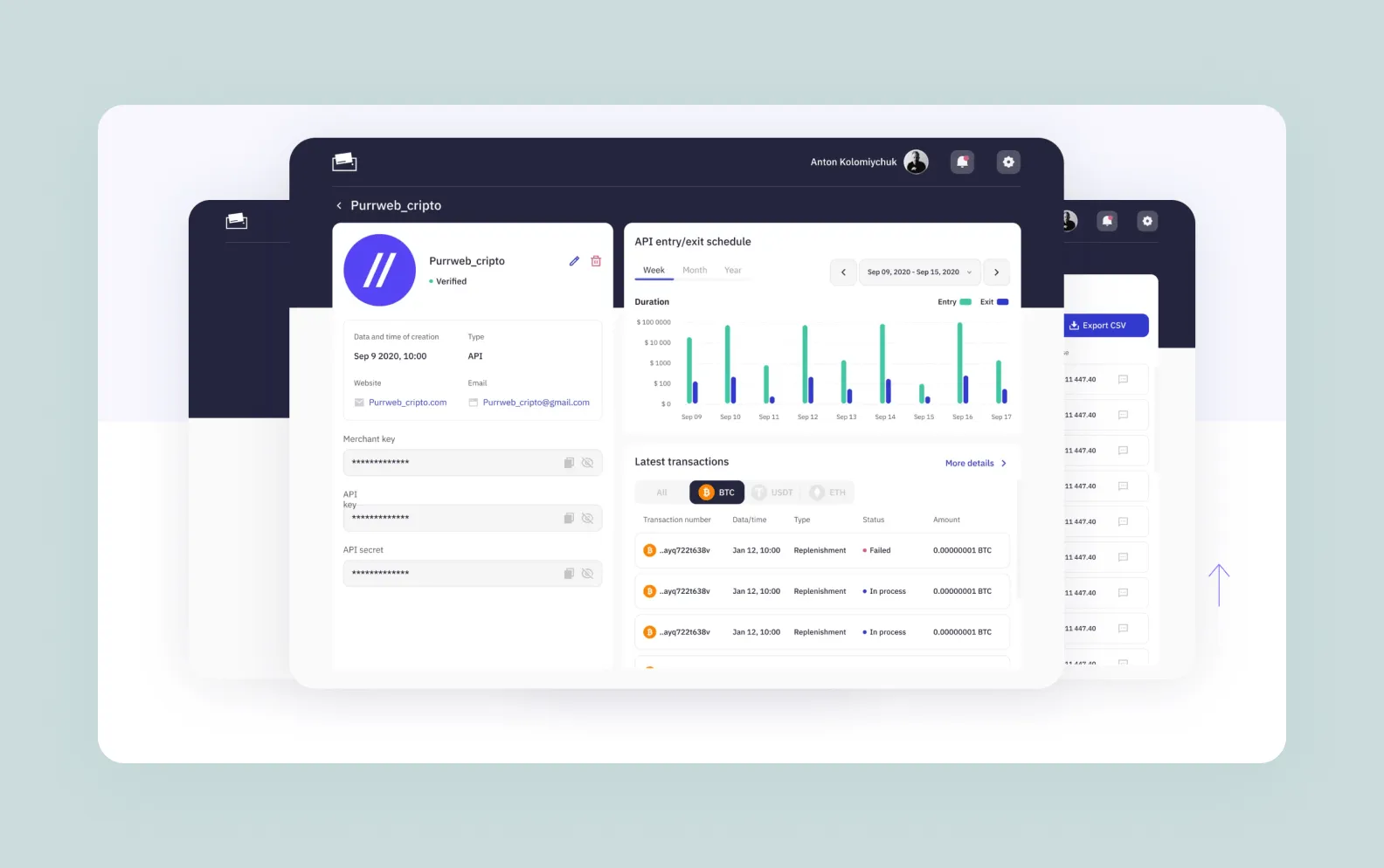 screens of a crypto wallet app designed by Purrweb