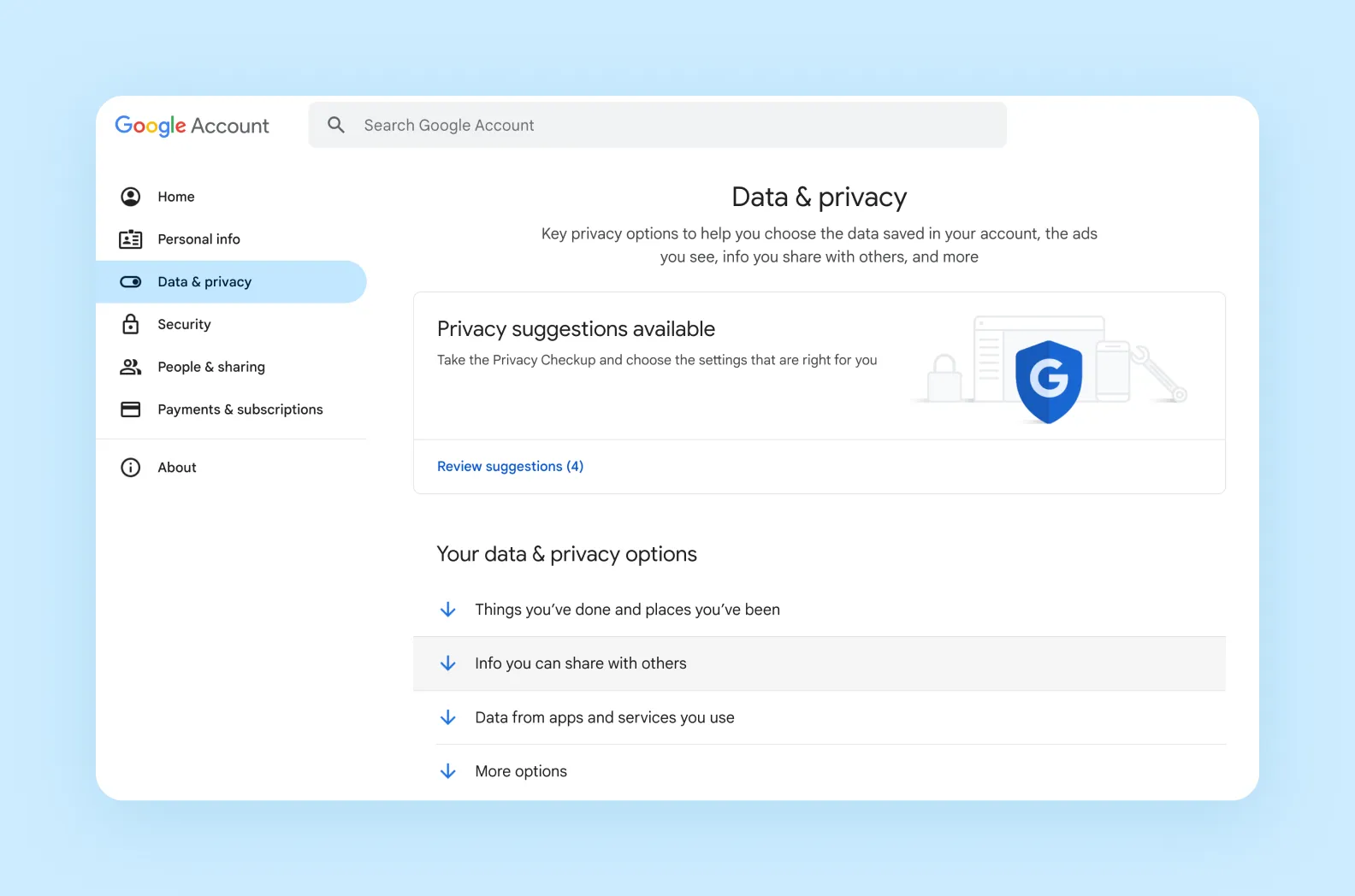 Data & Privacy tab of the Google account webpage