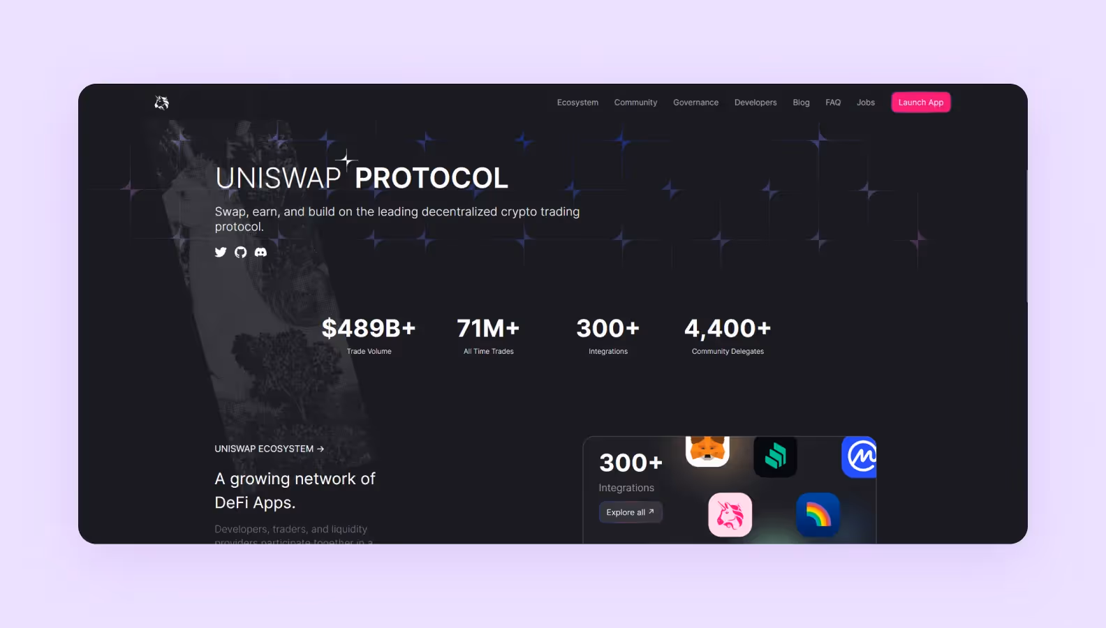 Main page of the Uniswap website with their statistics