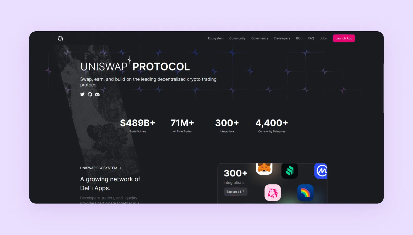 Main page of the Uniswap website with their statistics