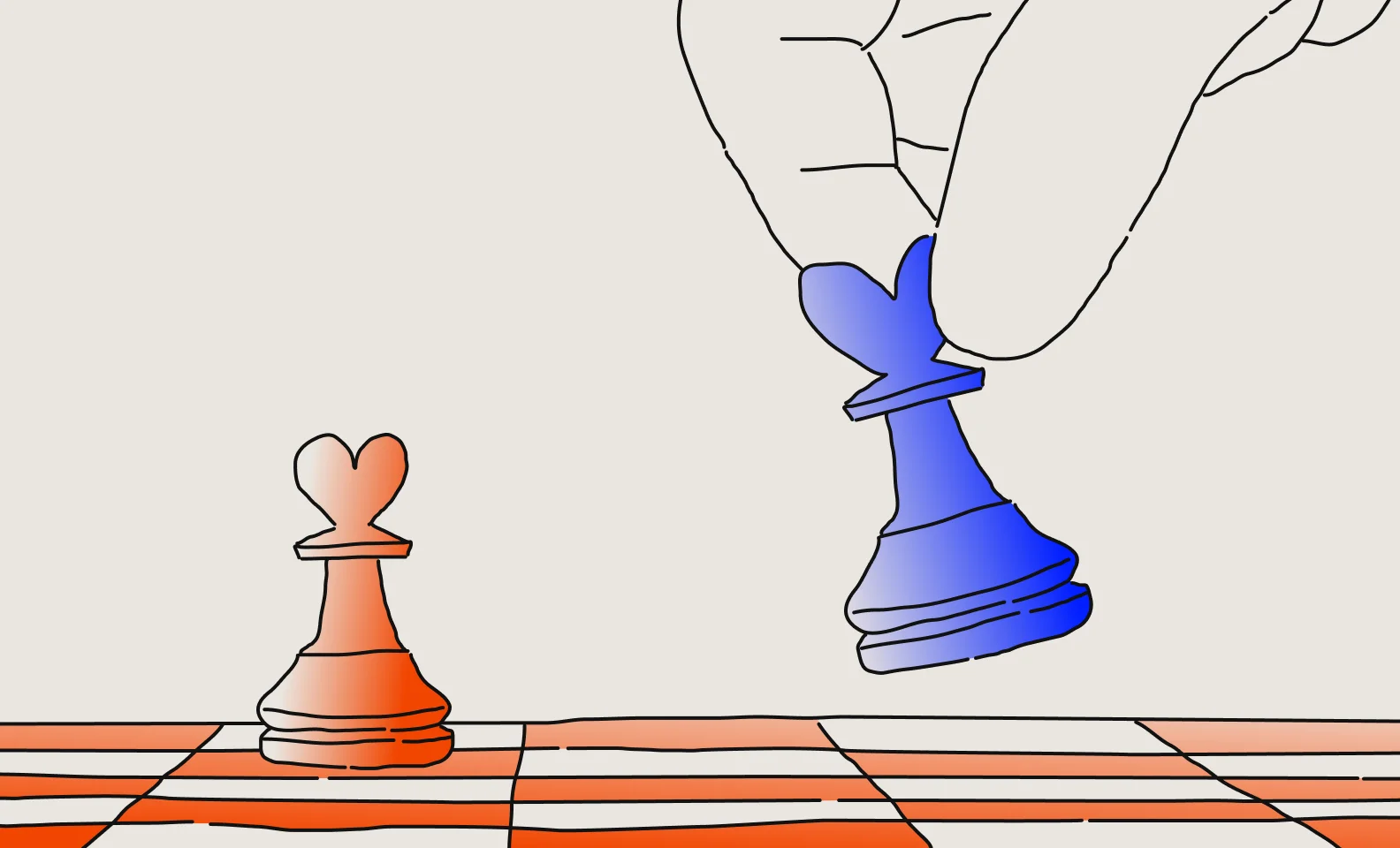 A hand holding a chess piece over a chess board