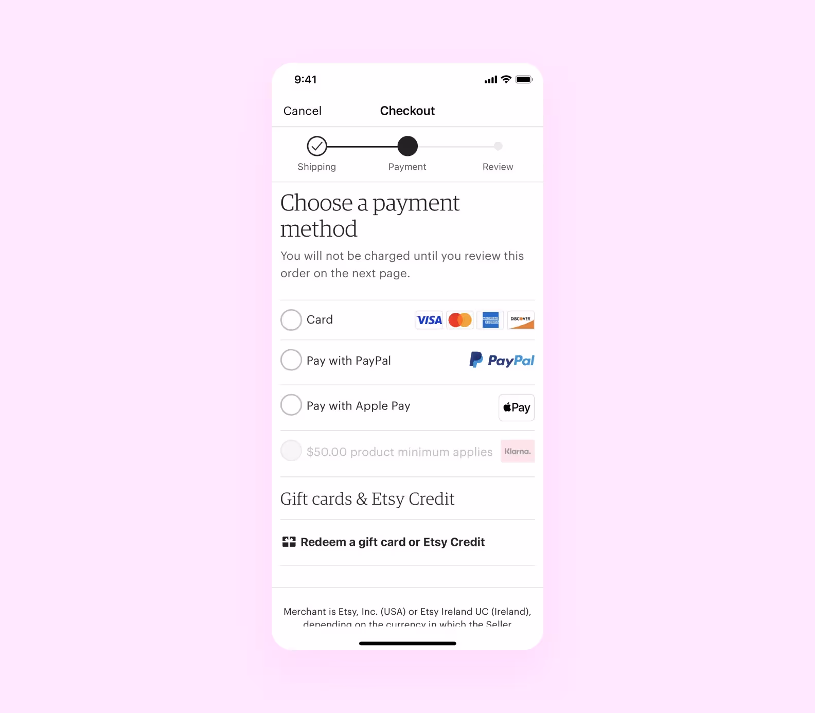 Etsy payment integration screenshot