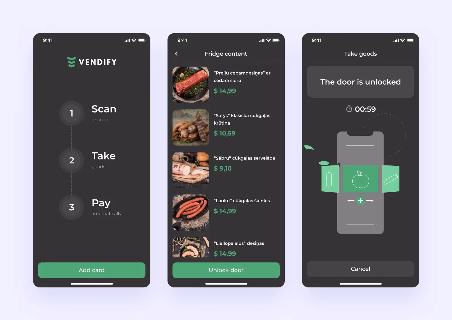 Vendify app screens