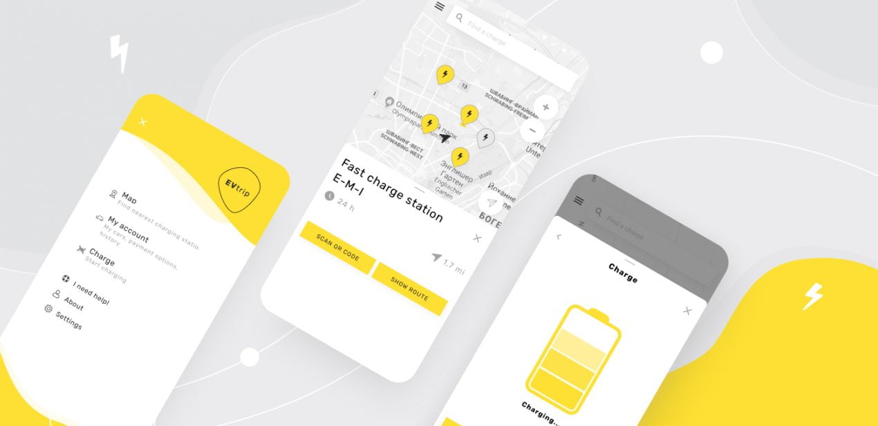 three screens of EvTrip, an IoT asset management app designed and developed by Purrweb
