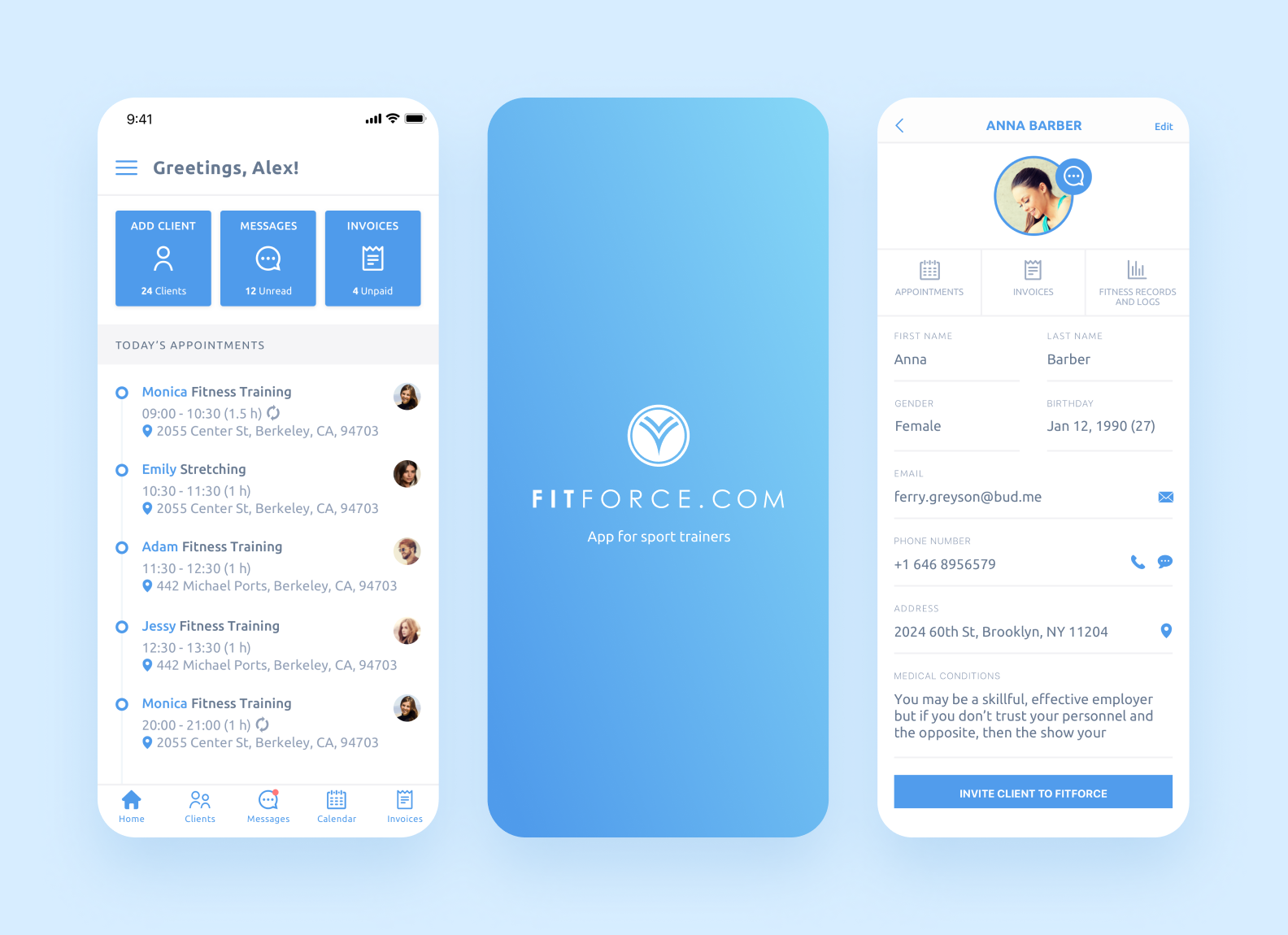 screens of the FitForce mobile application designed and developed by Purrweb