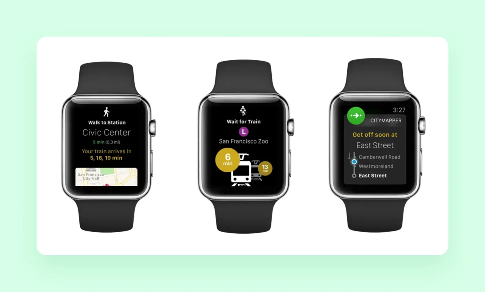 screens of the Citymapper wearable app for Apple Watch