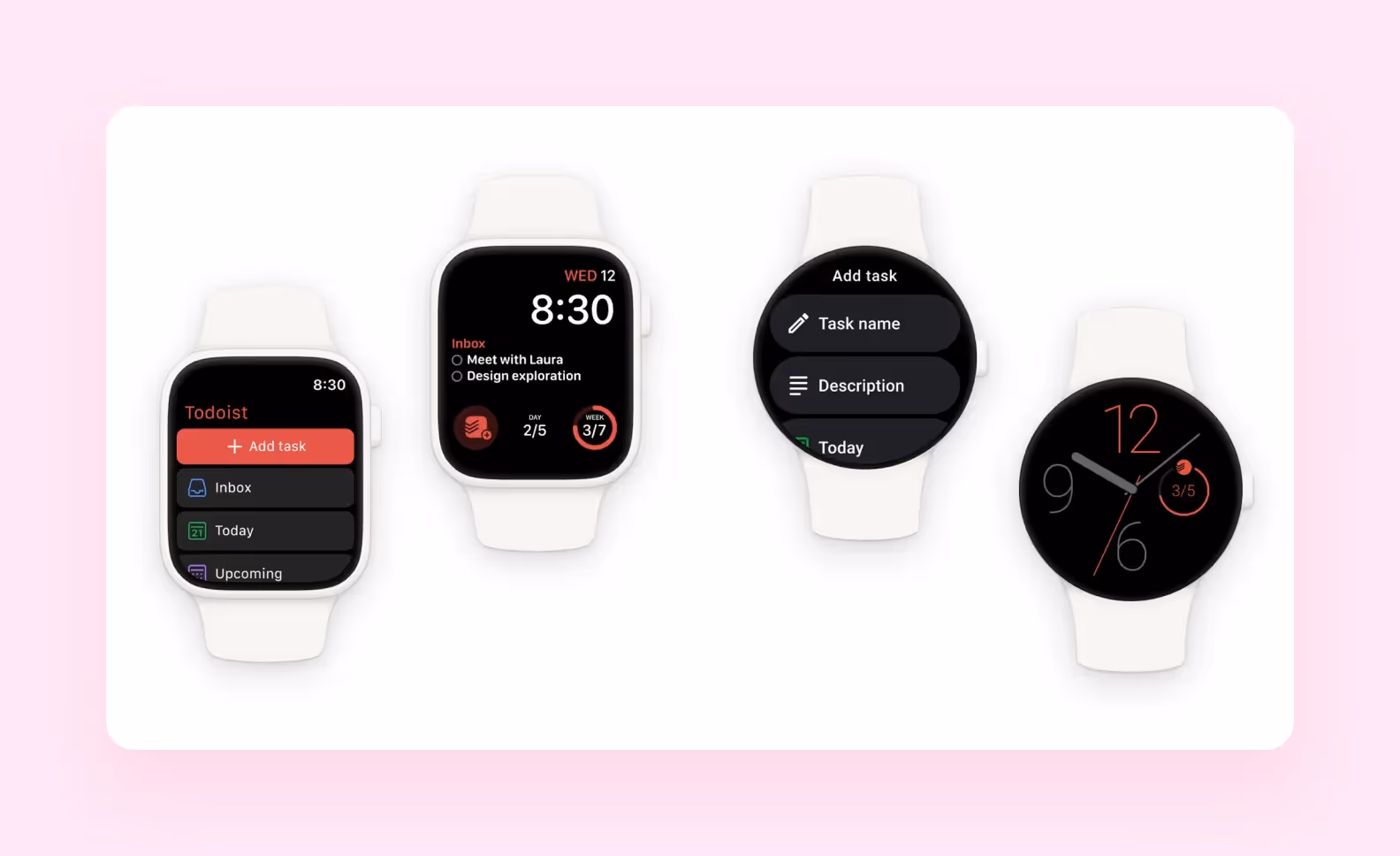 screens of the Todoist Wear OS app on different smartwatch faces