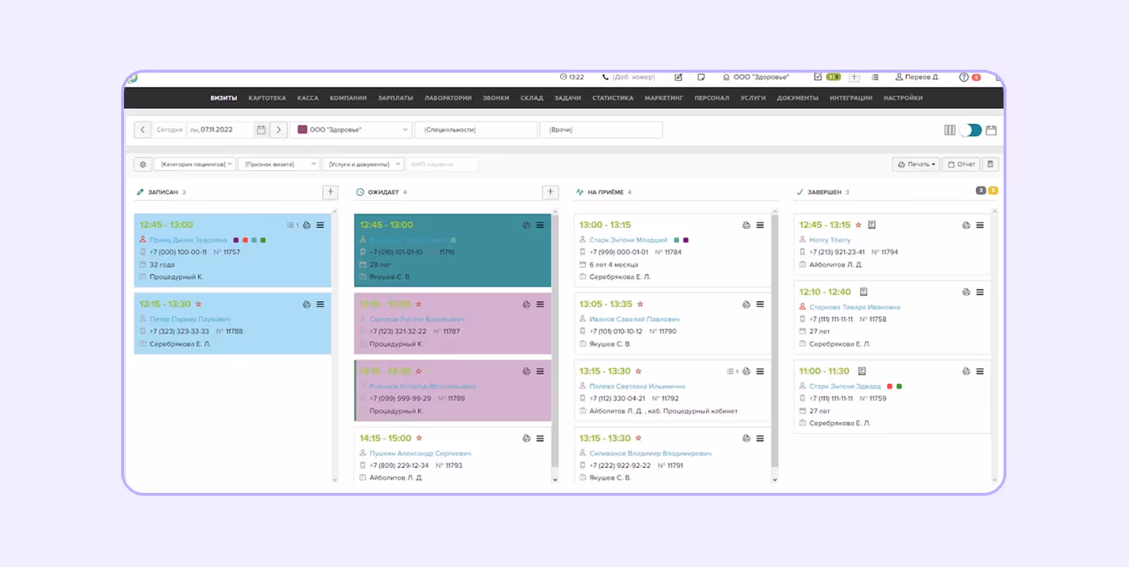 Интерфейс программы Renovation, показывающий детали визитов пациентов 
