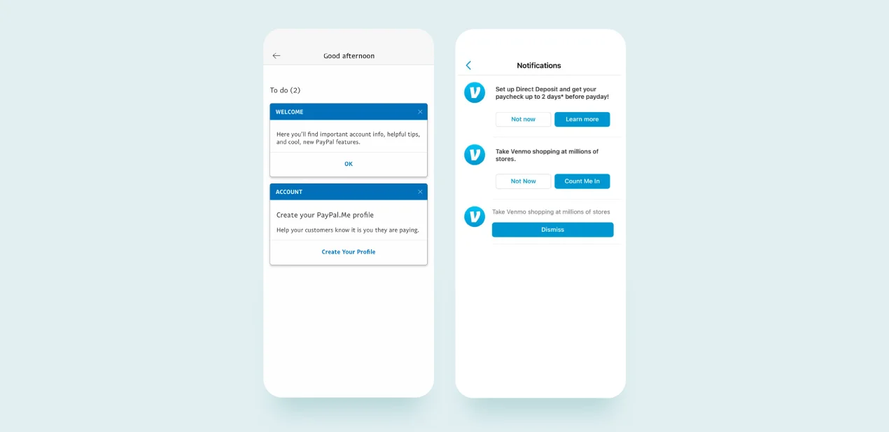 Помимо стандартных push-уведомлений, в PayPal  (слева) и в Venmo (справа) есть входящие сообщения внутри приложения.