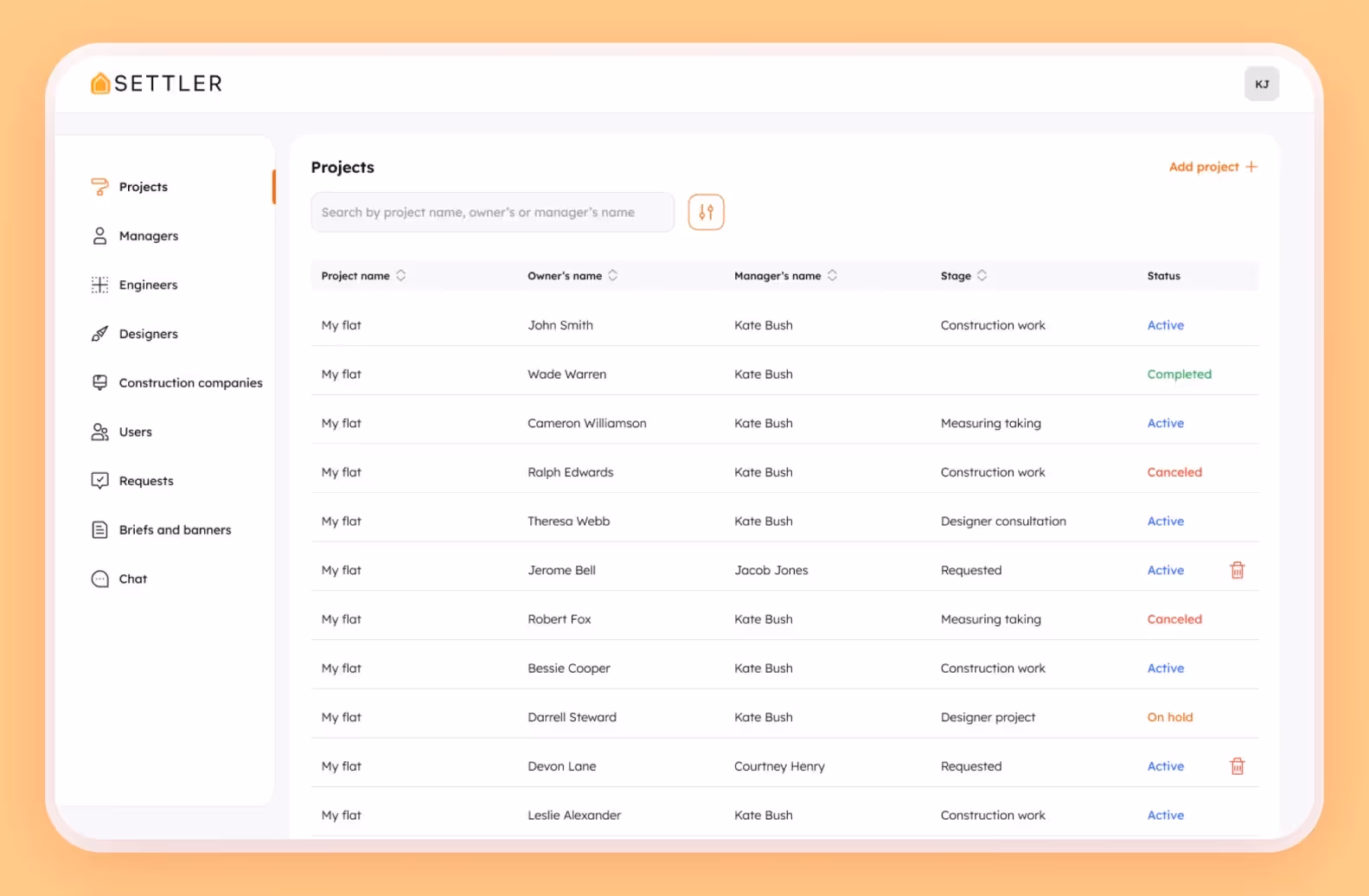 административная панель Settler
