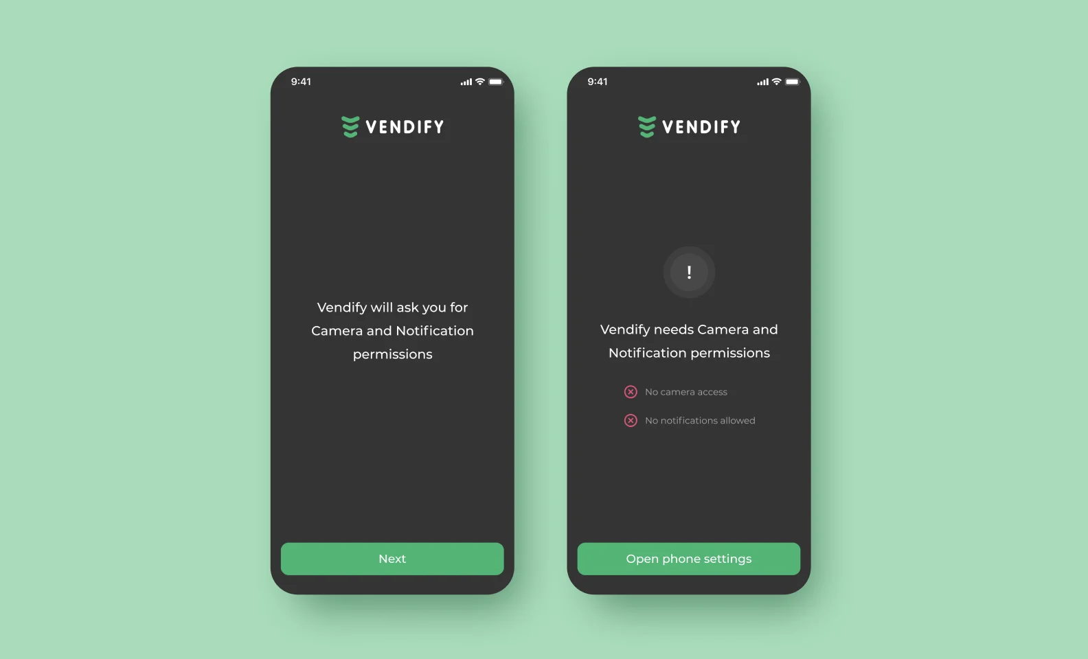 Экраны с разрешением на показ уведомлений Vendify