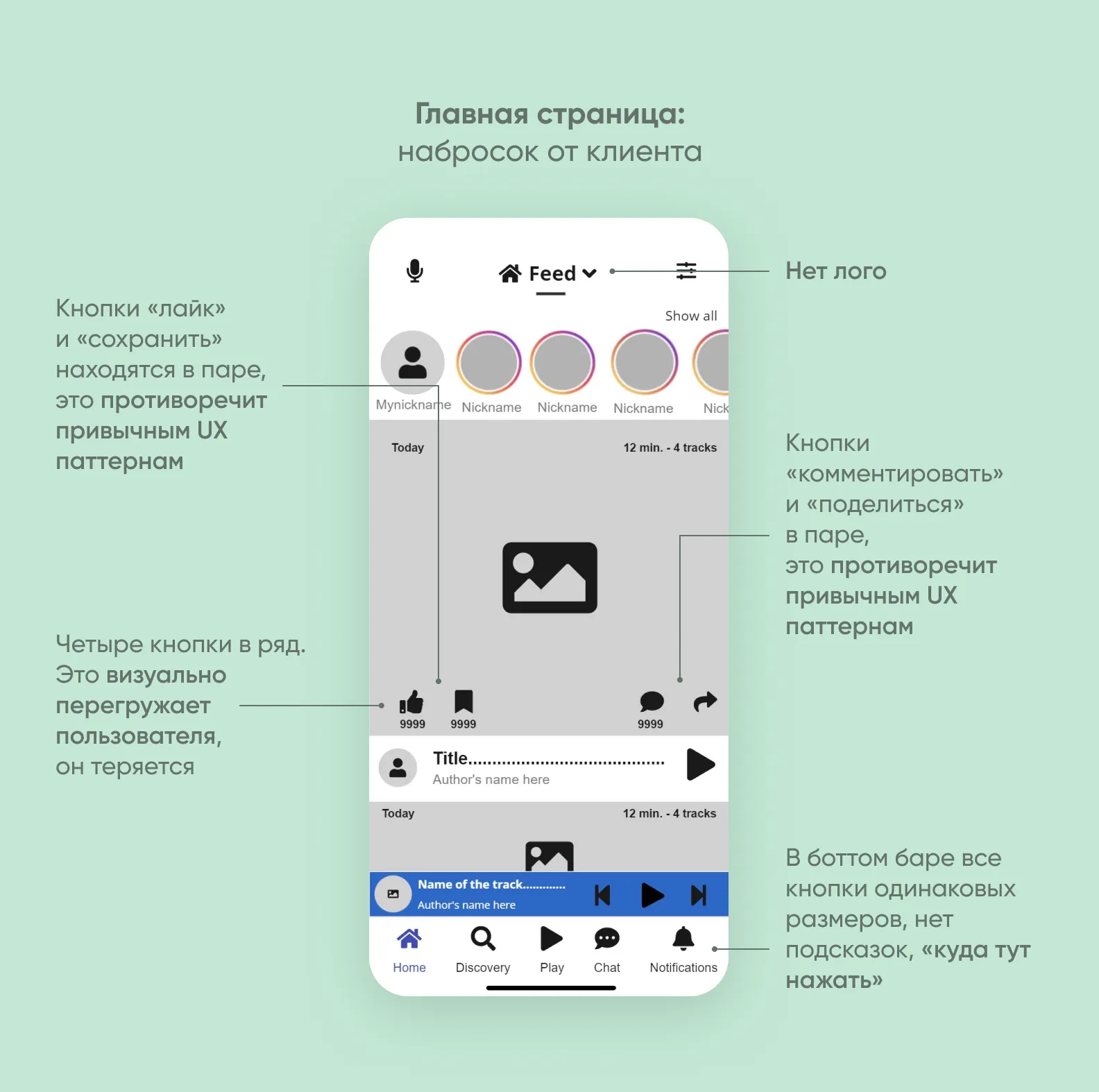 Главная страница приложения: набросок от клиента