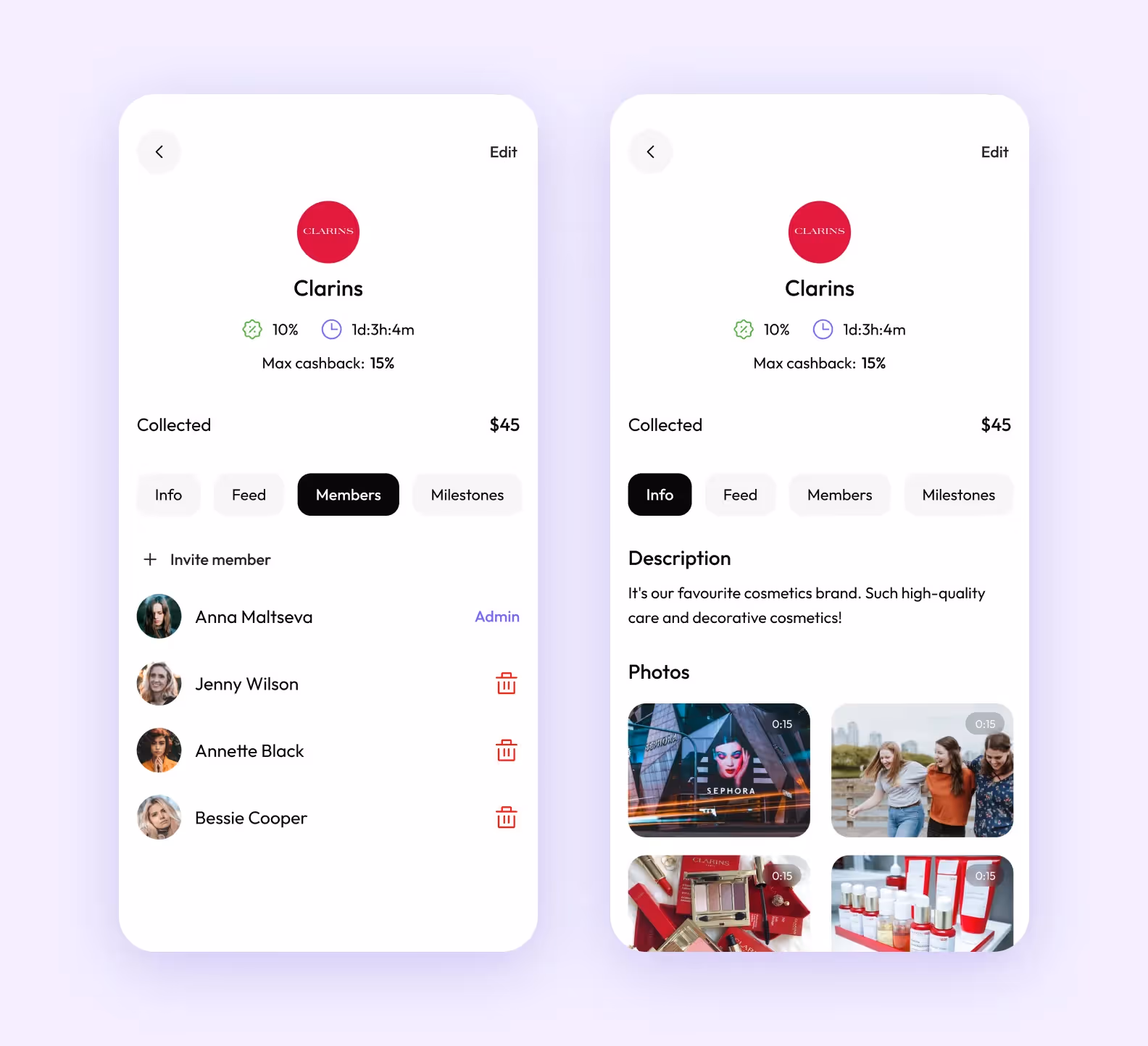 На превью группы есть вся нужная информация: название, процент кэшбэка, участники