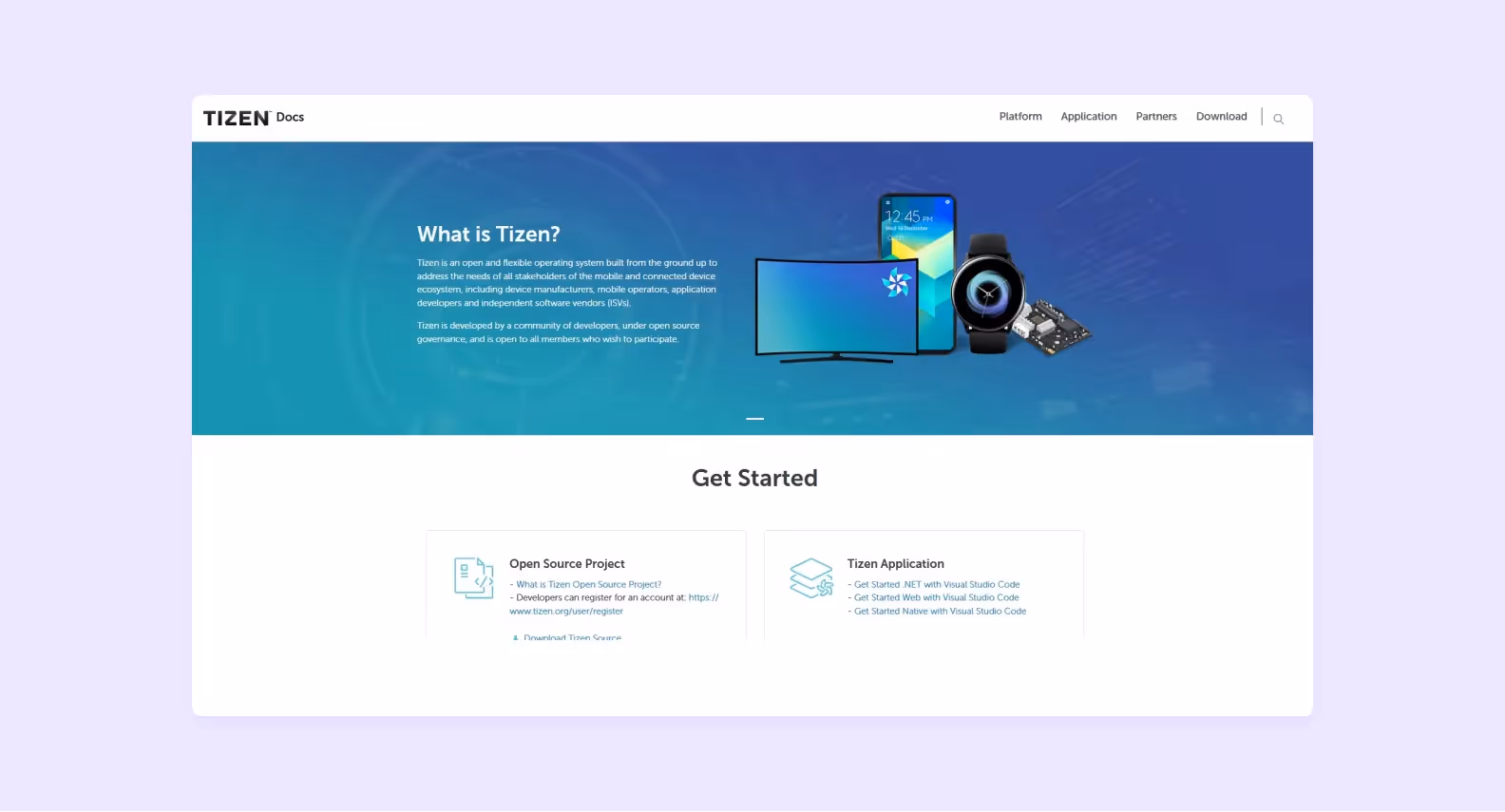 Tizen Docs starting page screenshot