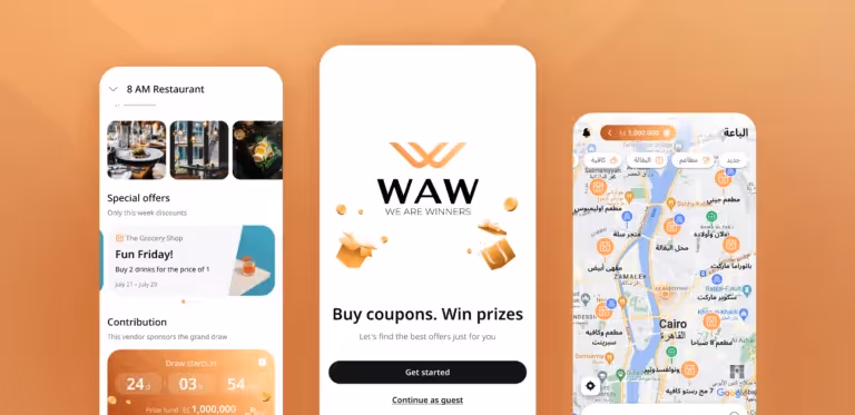 Three screenshots of the We’re All Winners mobile app