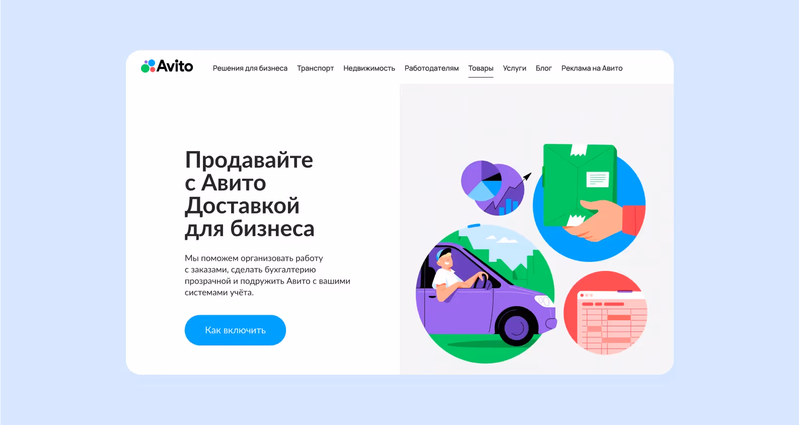 траница на сайте avito.ru с описанием услуг по доставке для бизнеса