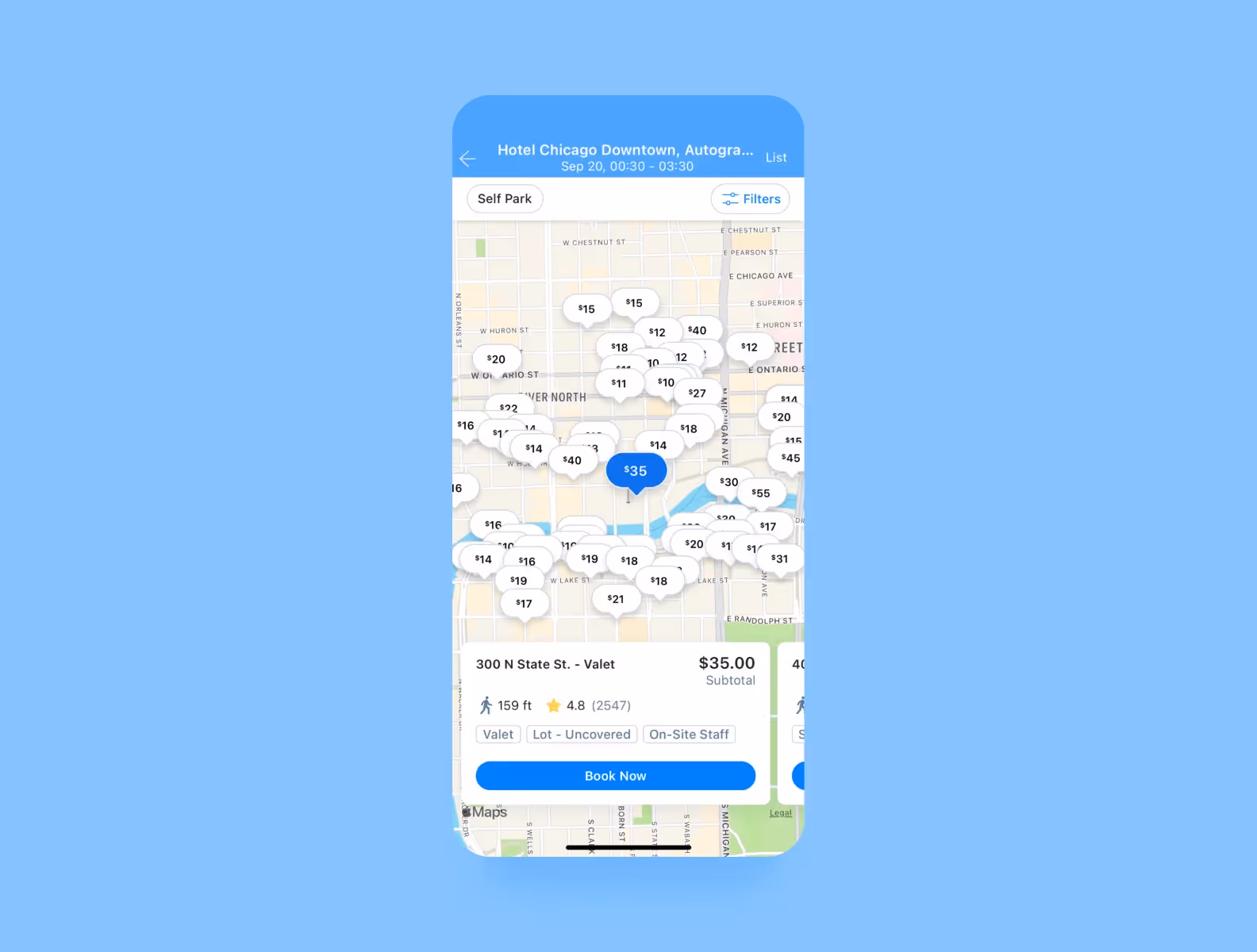 main screens of the SpotHero app