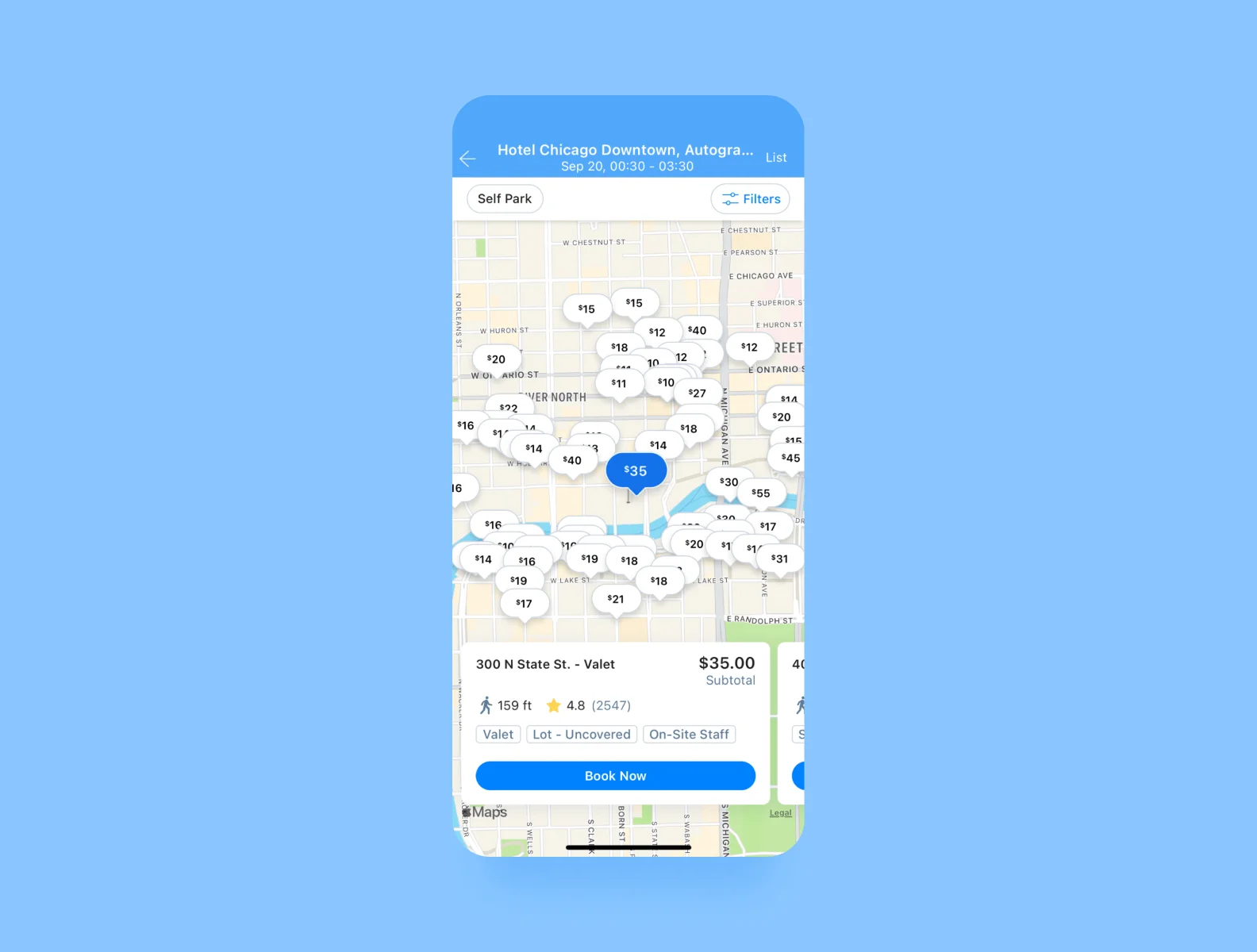 main screens of the SpotHero app