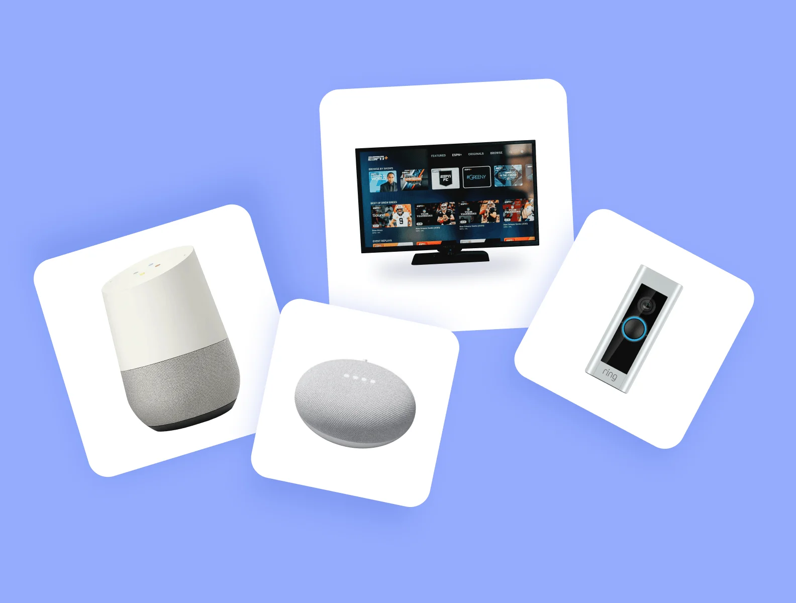 a picture of a smart speaker, a smart bell and a smart TV