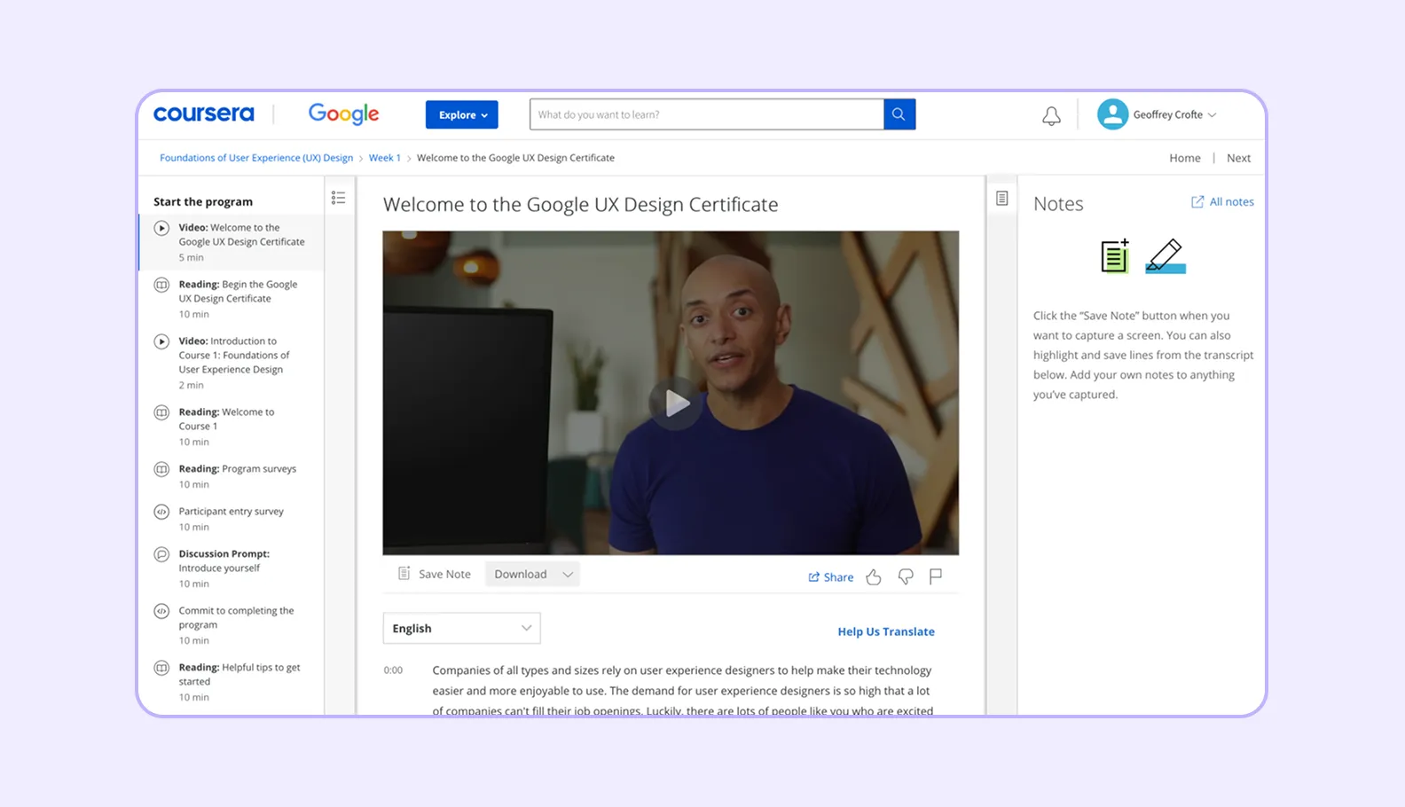 A screen of the Google UX design course on Coursera 